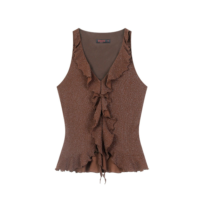 野生zero 辣妹套装裙女夏黑色荷叶边V领无袖背心上衣直筒中长裙子