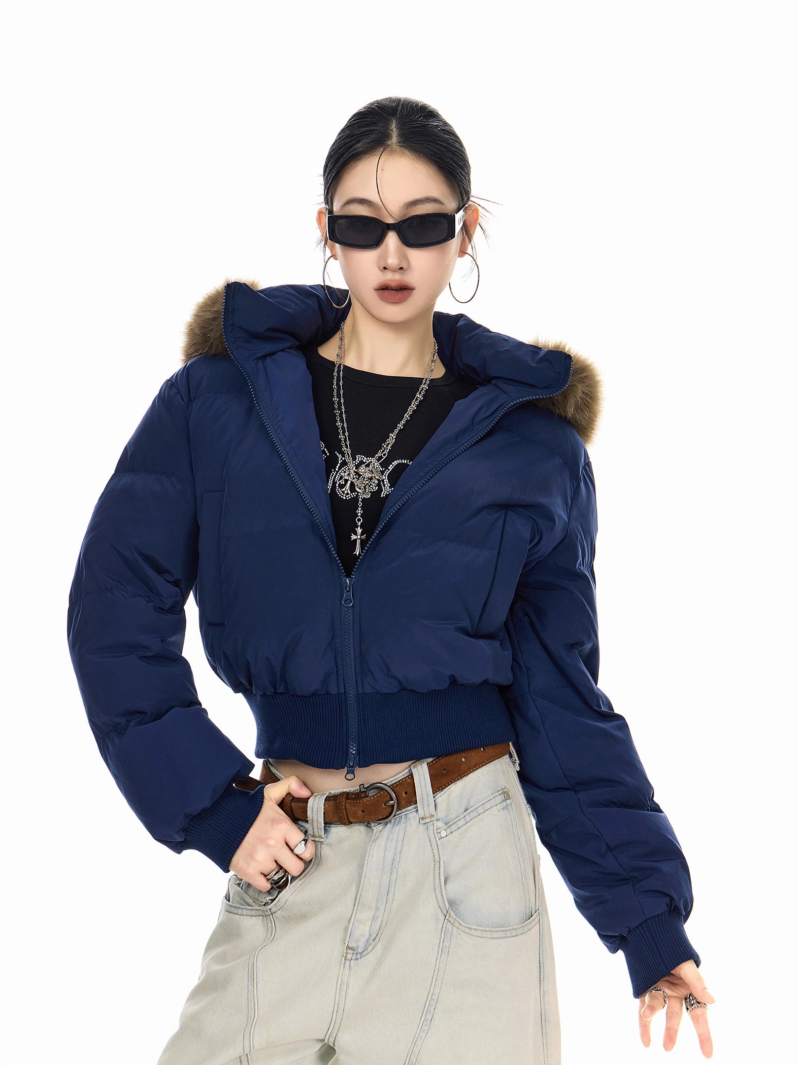 ICH MODE 美式复古大毛领连帽棉服女2025新款秋冬季修身开衫棉袄