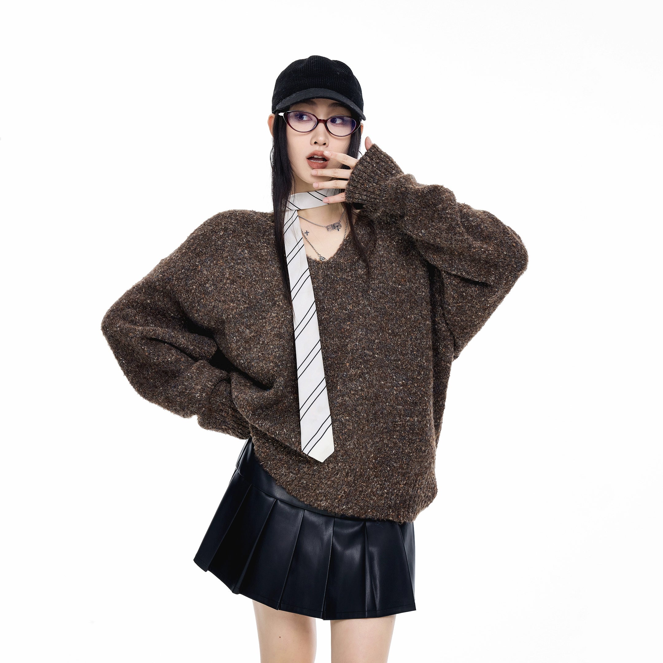 ICH MODE 美式复古V领套头毛衣女秋冬季慵懒宽松针织衫外套高级感