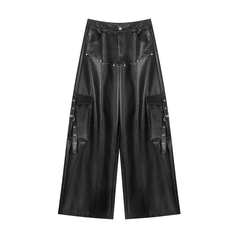 野生zerocircle皮裤女春季设计感宽松显瘦直筒休闲阔腿黑银色裤子