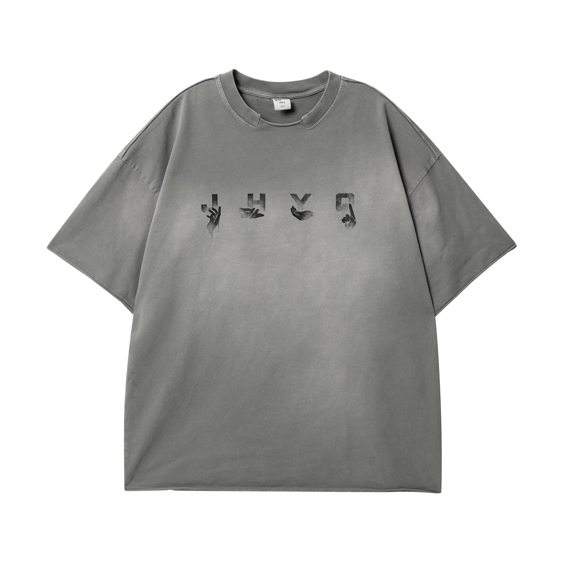 【水洗系列】JHYQ美式做旧创意手势印花落肩双领短袖T恤男夏宽松
