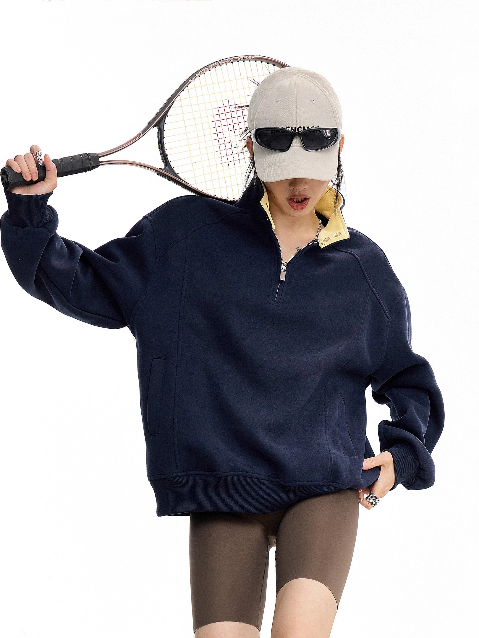 ICH MODE 美式复古撞色立领卫衣女2025新款秋冬季半拉链上衣外套