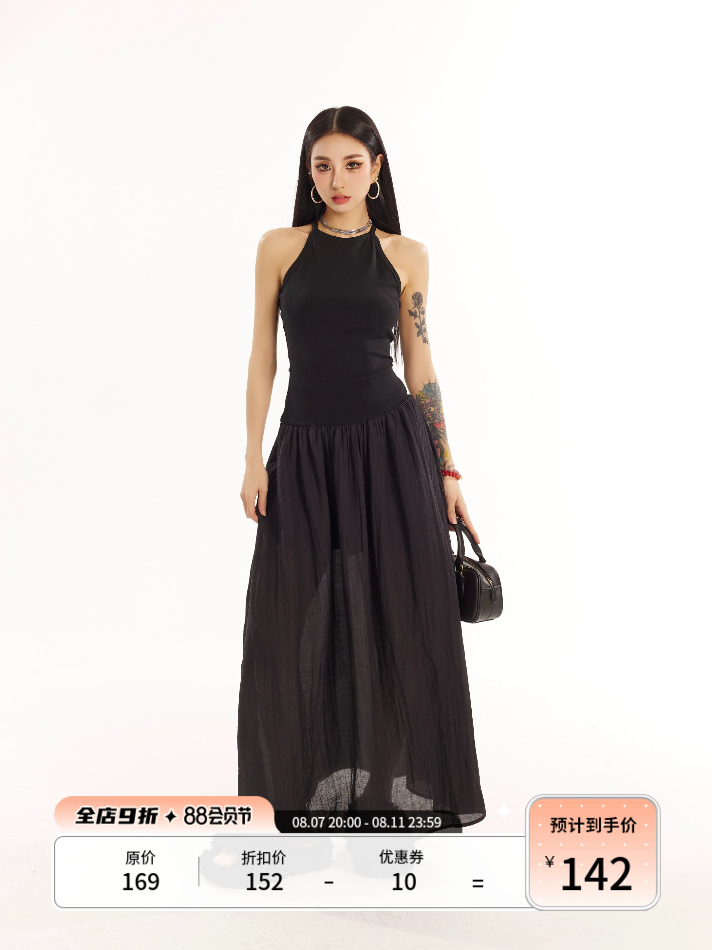 野生zero黑粉色拼接无袖背心连衣裙女春夏季设计感修身显瘦长裙子