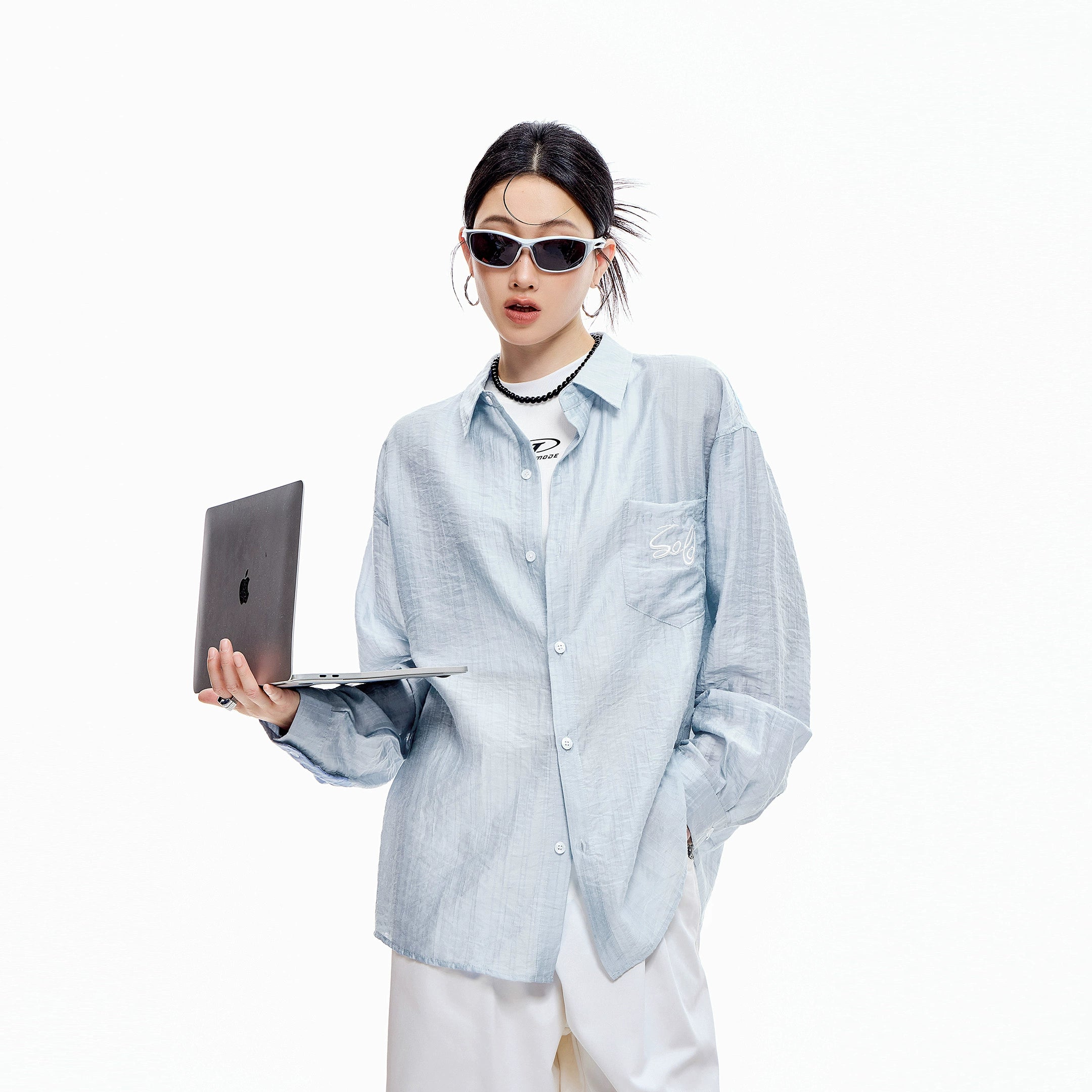 ICH MODE 美式复古刺绣长袖衬衫女夏轻薄物理防晒莱赛尔衬衣外套