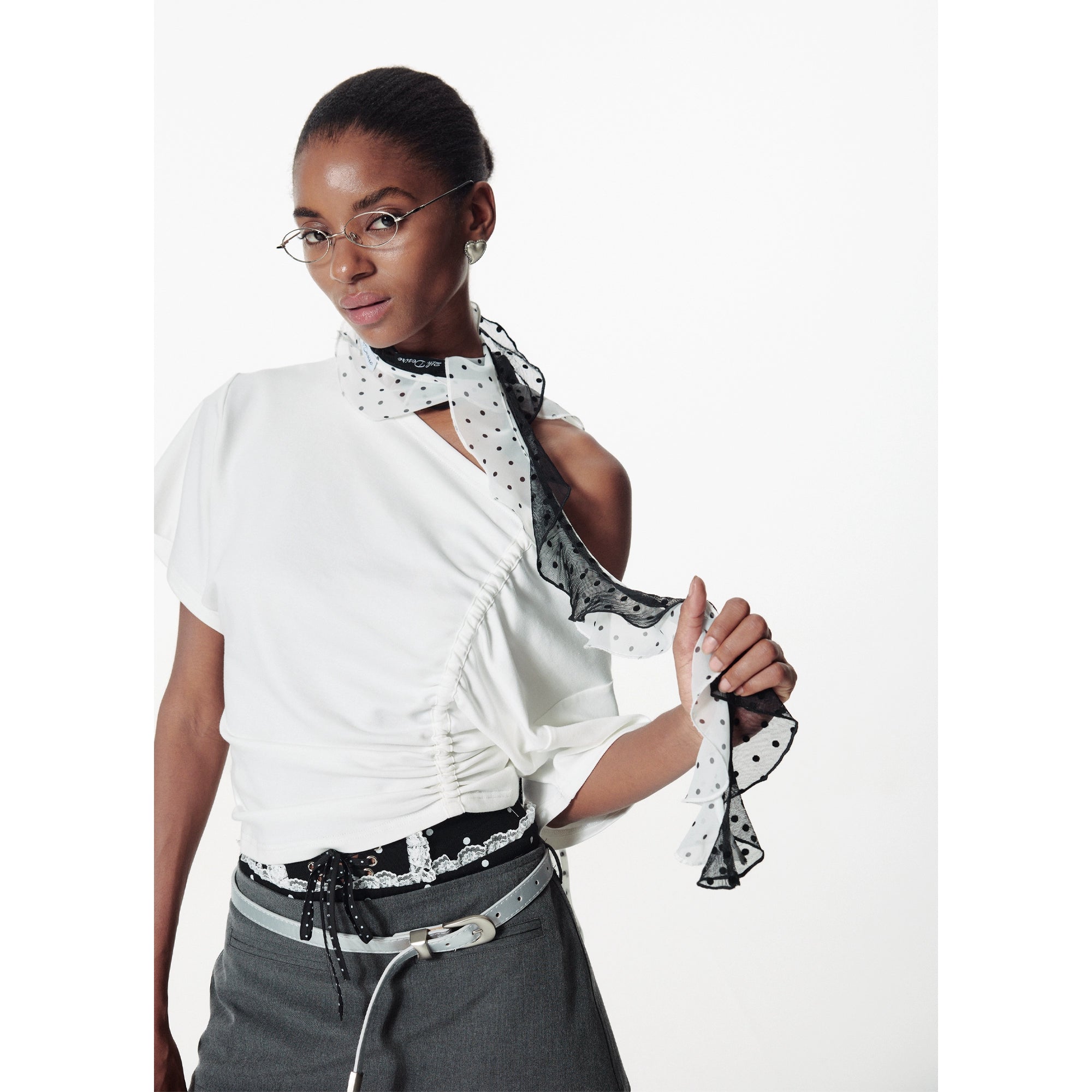 2th Desire透感植绒复古波点百搭荷叶边丝巾夏季网纱小围巾