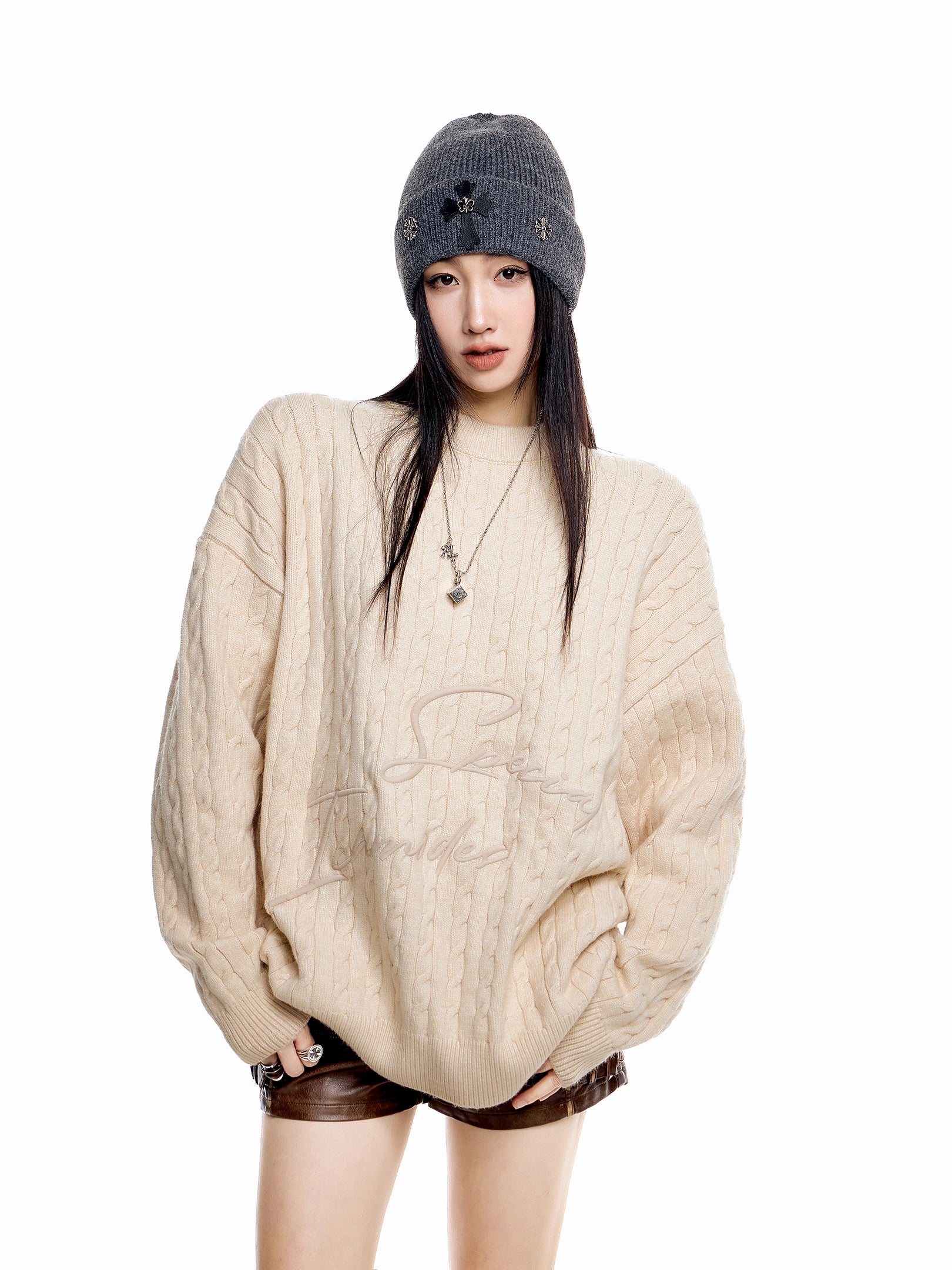 ICH MODE 美式复古慵懒刺绣麻花毛衣女秋冬休闲圆领毛针织衫上衣