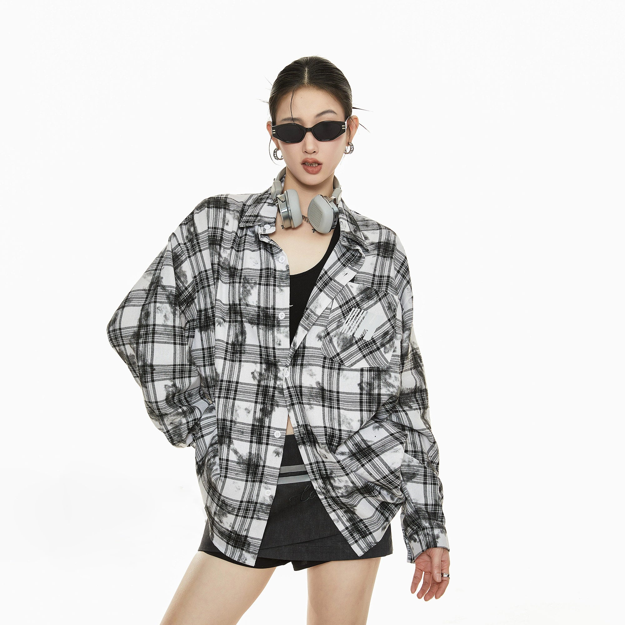 ICH MODE 美式复古格子衬衫女2025年秋冬新款高级感宽松休闲上衣