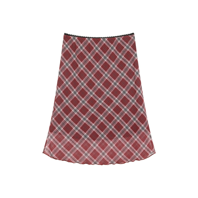 野生zerocircle 红色格子中长款半身裙女春夏a字显瘦低腰雪纺裙子