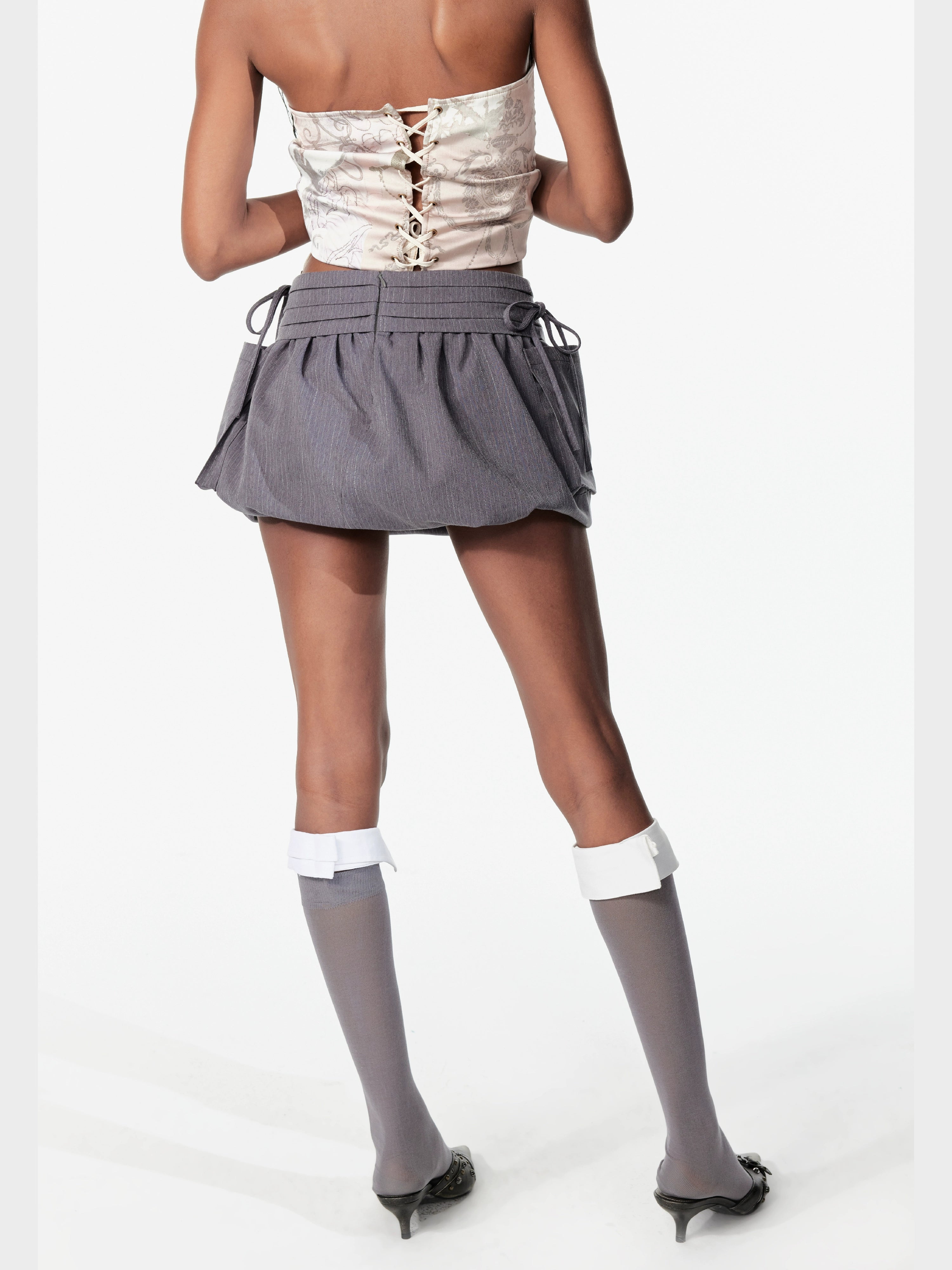 2th Desire复古口袋多褶银丝条纹蝴蝶结绑带A字花苞短裙半身裙女