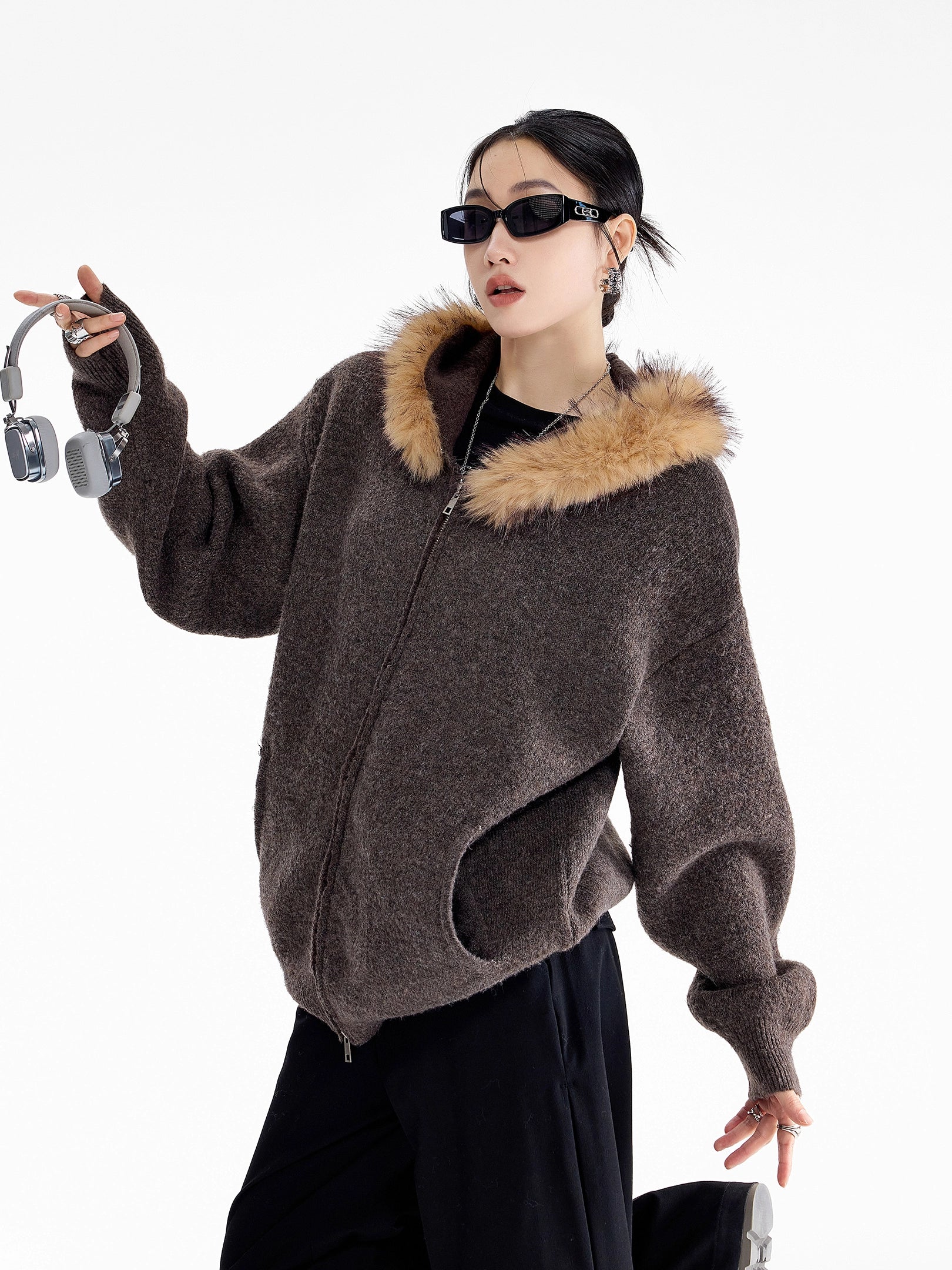 ICH MODE 美式可拆卸毛领黄色针织开衫女秋冬季宽松慵懒毛衣外套