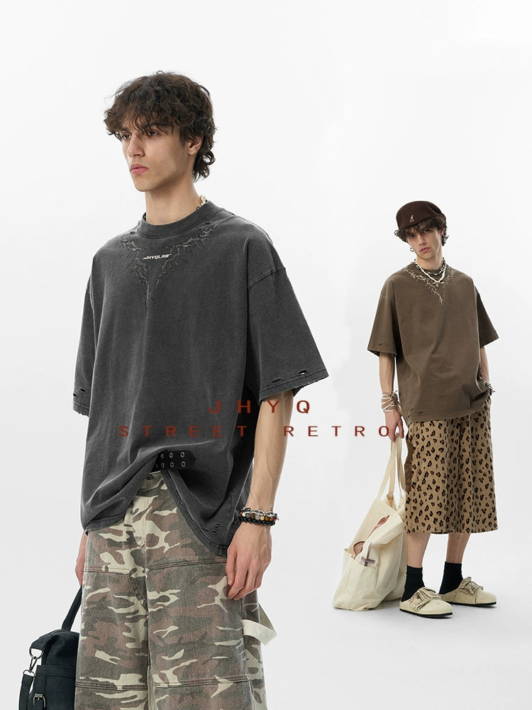 【李沛恩同款】JHYQ美式印花重磅磨毛水洗短袖T恤男宽松破洞五分