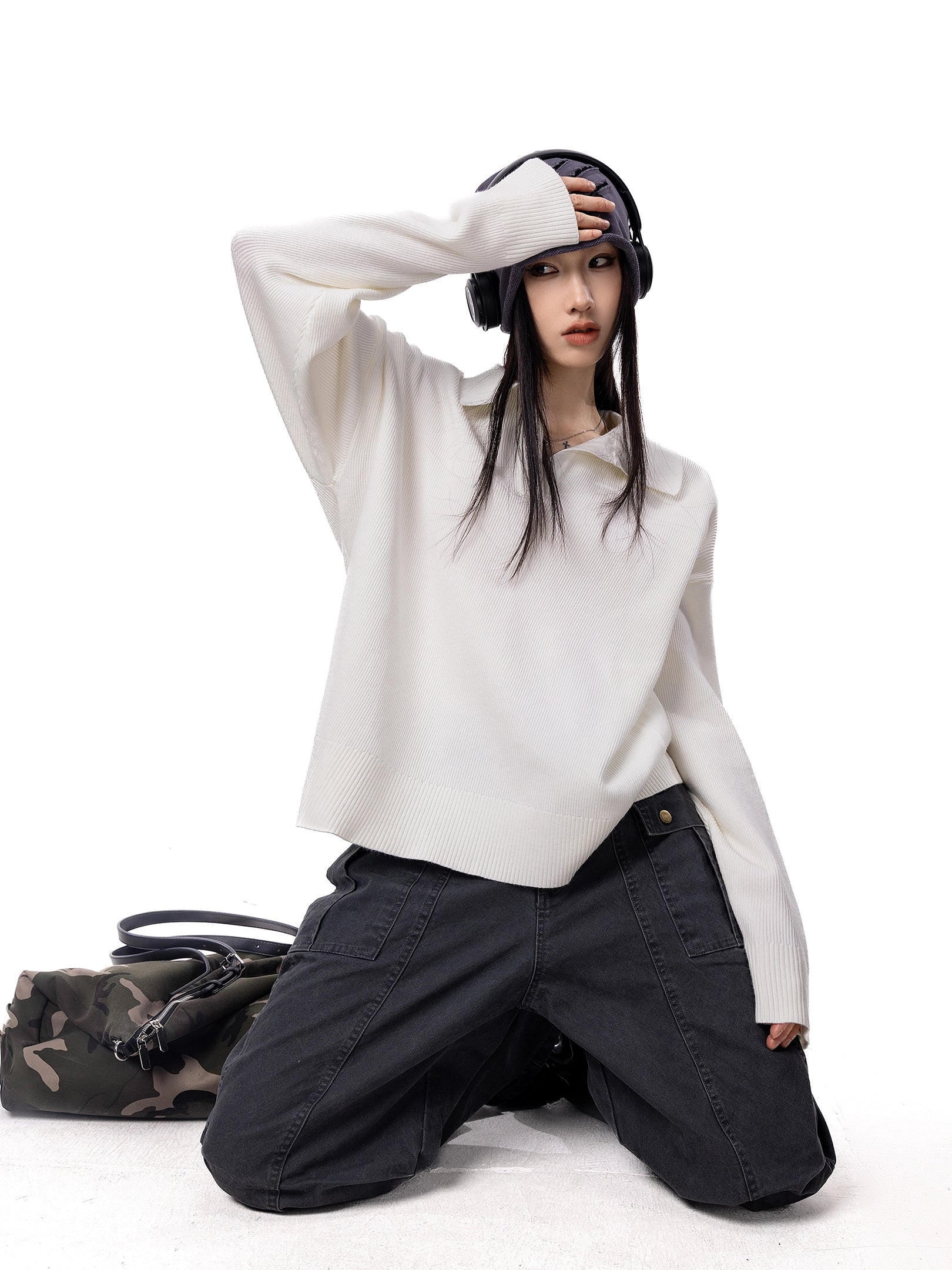 ICH MODE 美式复古POLO毛针织衫女秋冬新款宽松休闲长袖毛衣外套