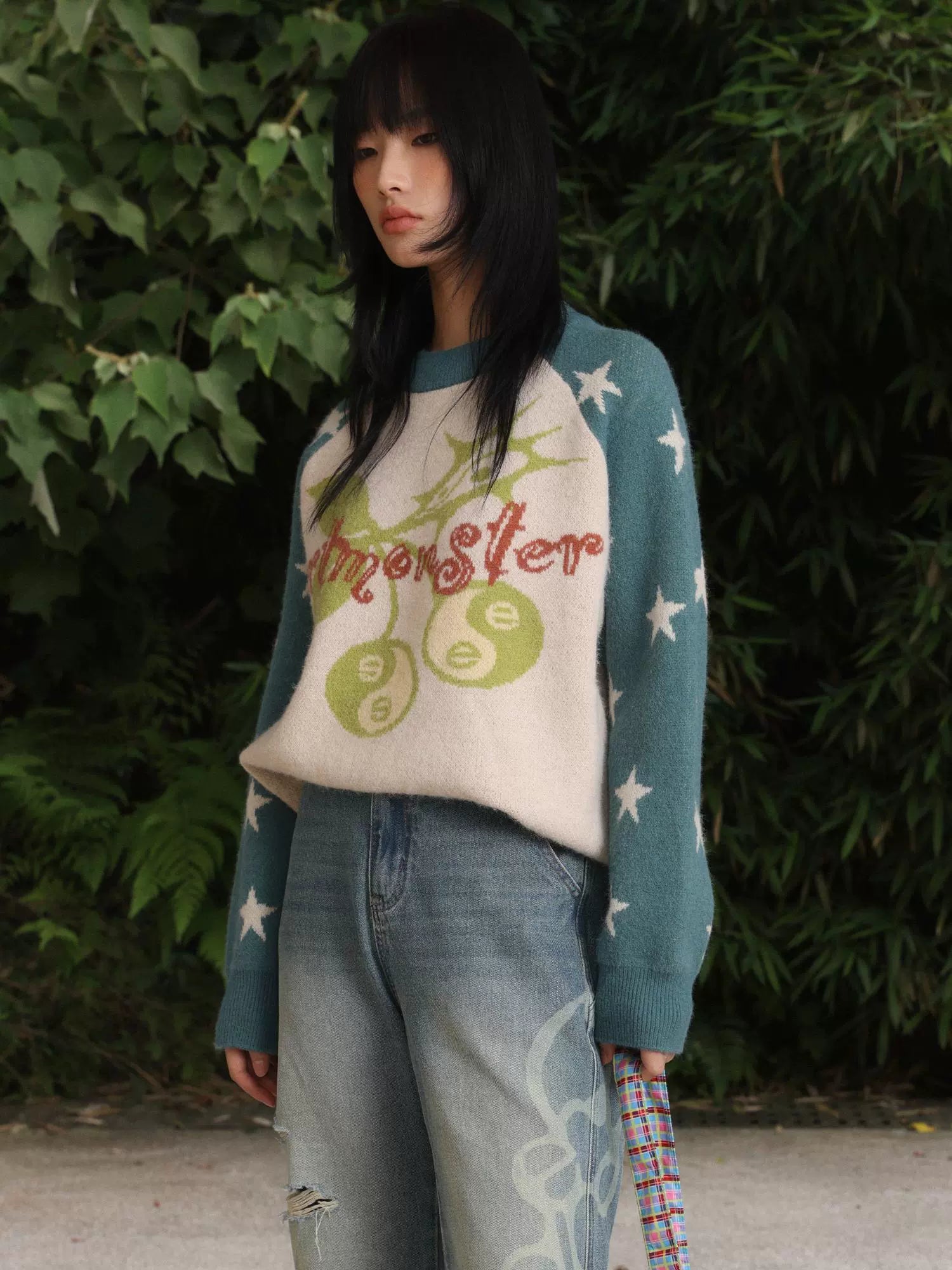 “电子樱桃”| eeeeArtmonster24FW创意樱桃印花拼色重磅圆领毛衣