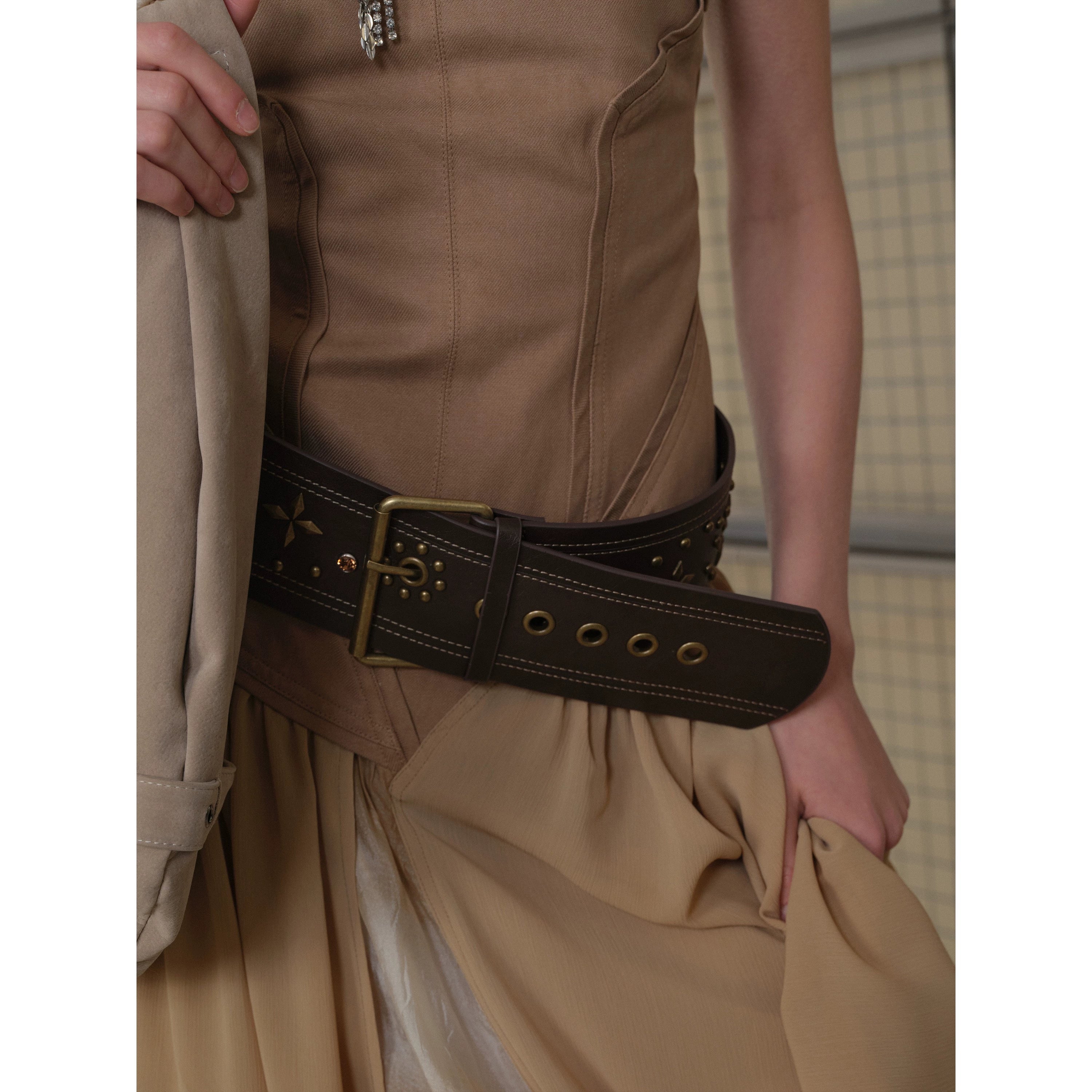 2th Desire朋克复古撞色小众设计感y2k辣妹铆钉钻石钉镶嵌宽腰带