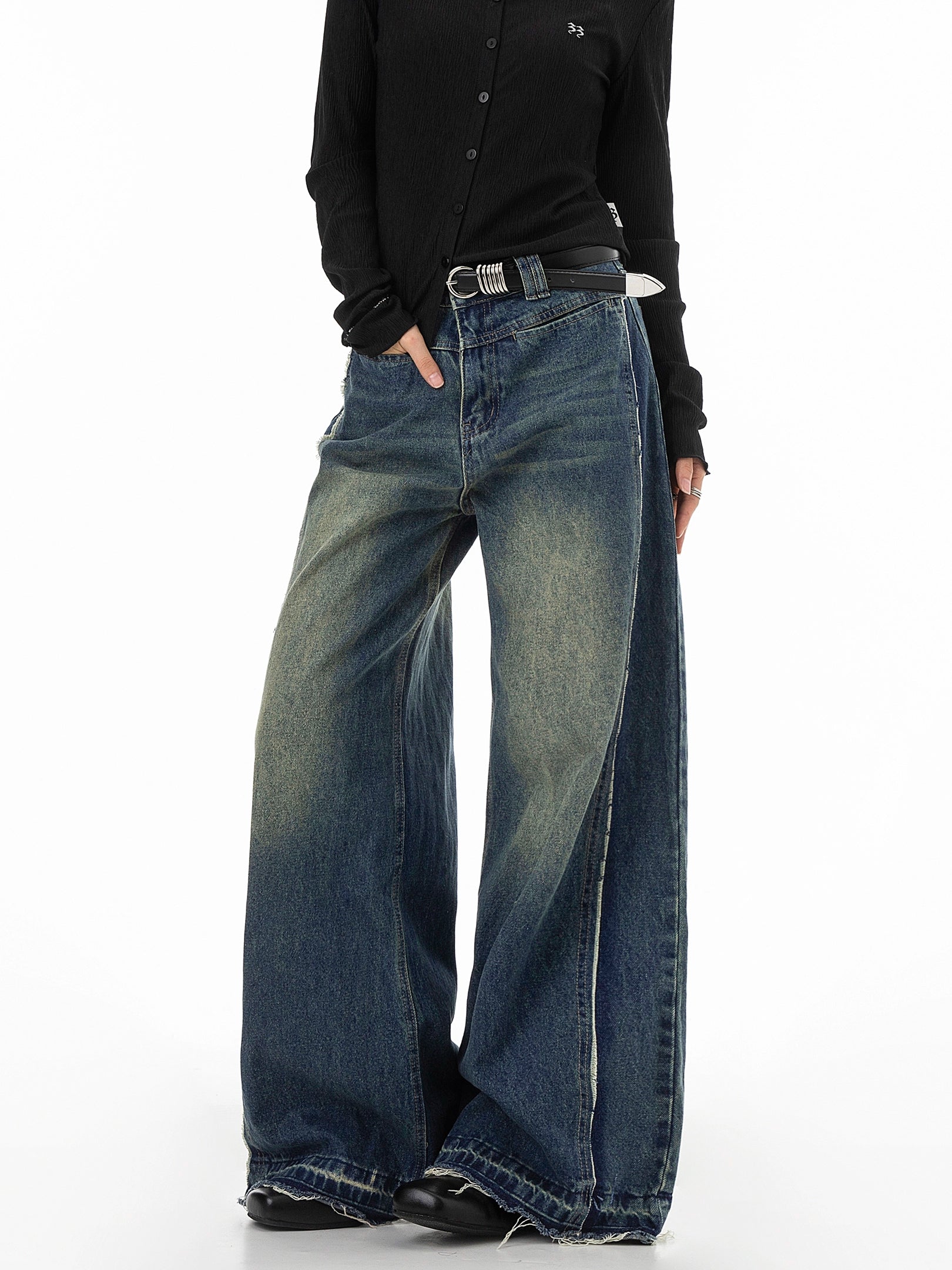 ICH MODE 美式复古做旧解构牛仔裤女宽松直筒裤运动裤休闲阔腿裤