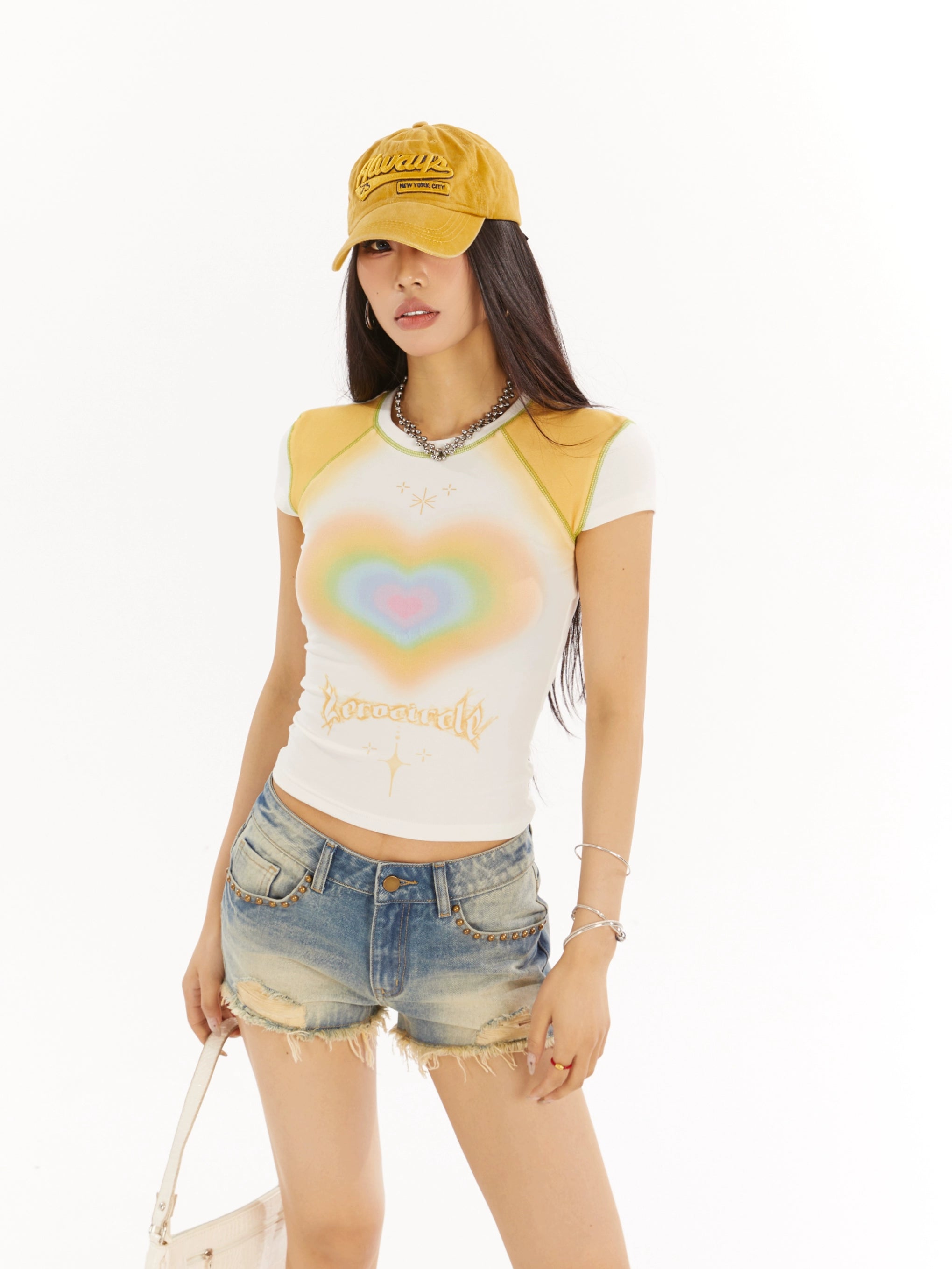 野生zero 红白色爱心印花正肩短袖t恤女夏辣妹设计感显瘦修身上衣