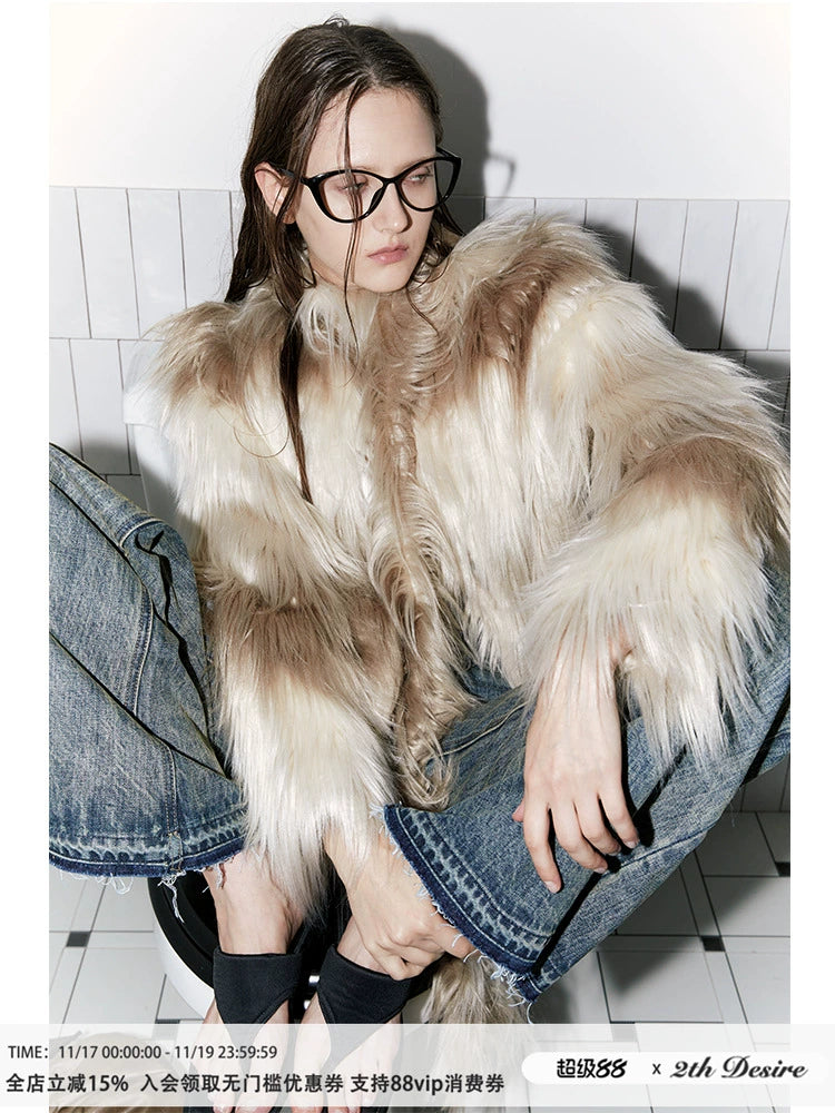2th Desire原创环保皮草外套女秋冬毛绒保暖中长款加厚大衣外套