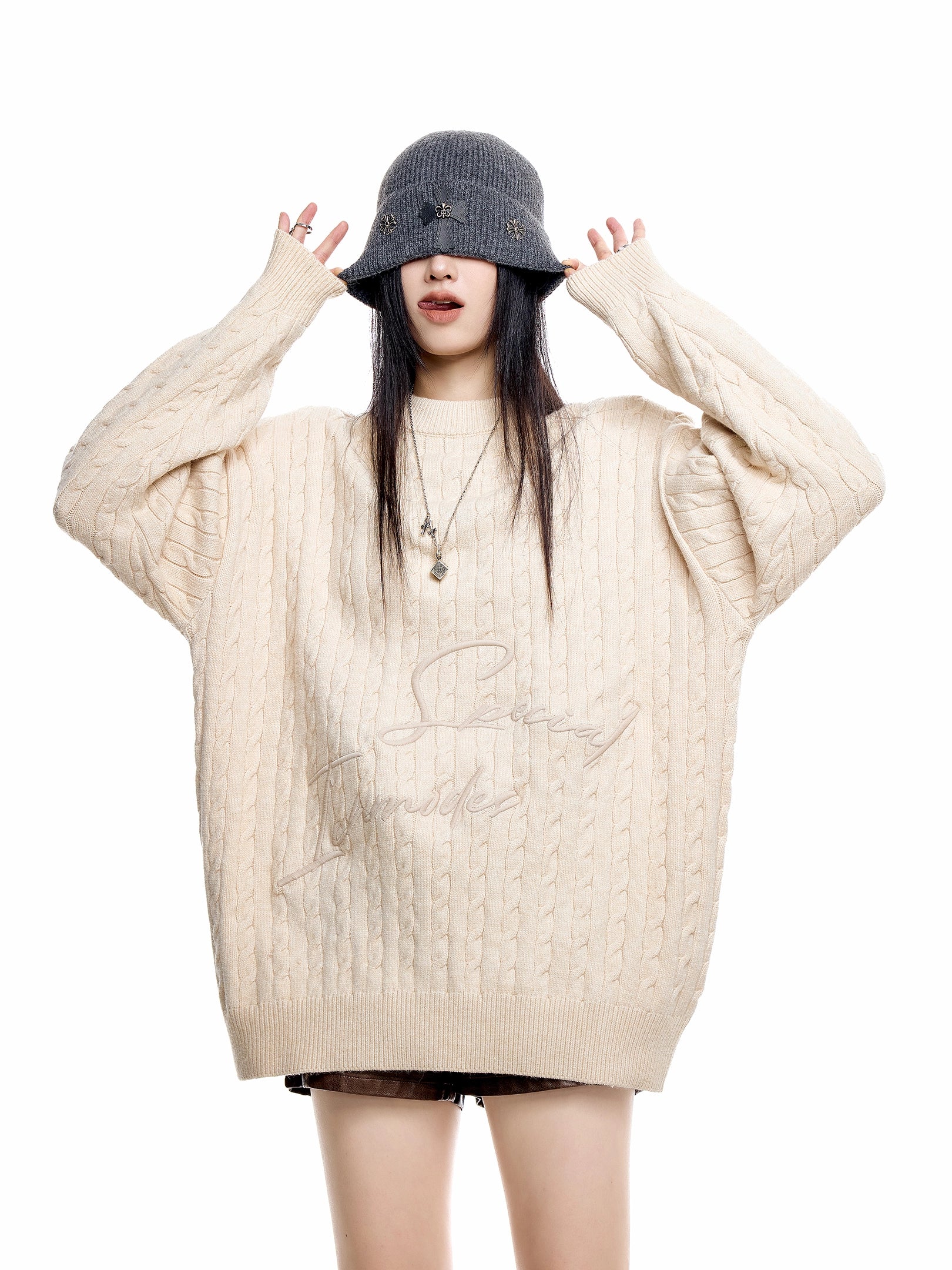 ICH MODE 美式复古慵懒刺绣麻花毛衣女秋冬休闲圆领毛针织衫上衣