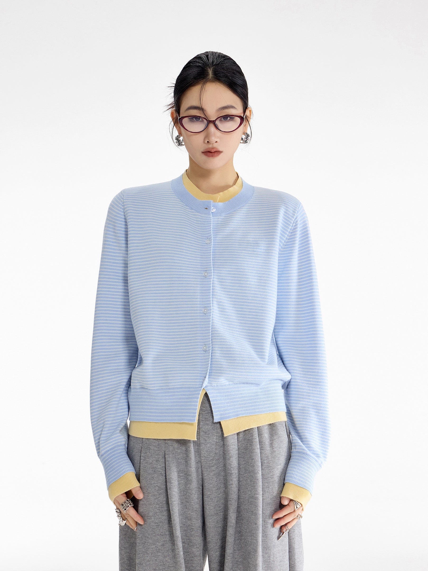 ICH MODE 美式假两件撞色条纹针织开衫女秋冬季短款修身毛衣外套