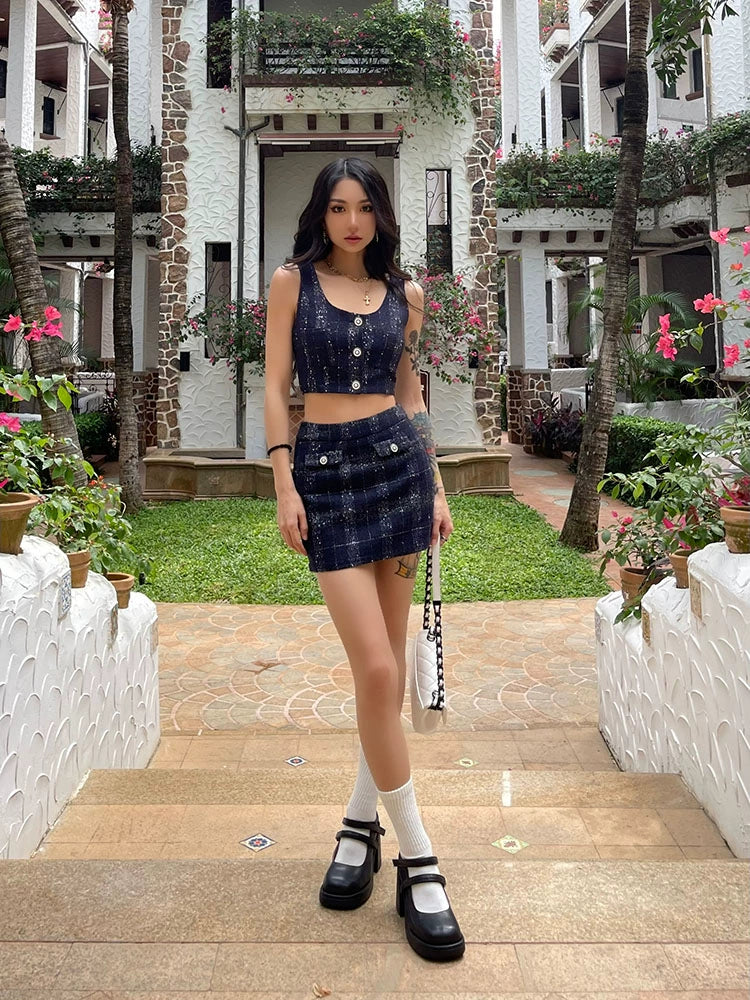 野生zero 蓝色小香套装女夏季外穿短款吊带背心格子a字半身短裙子