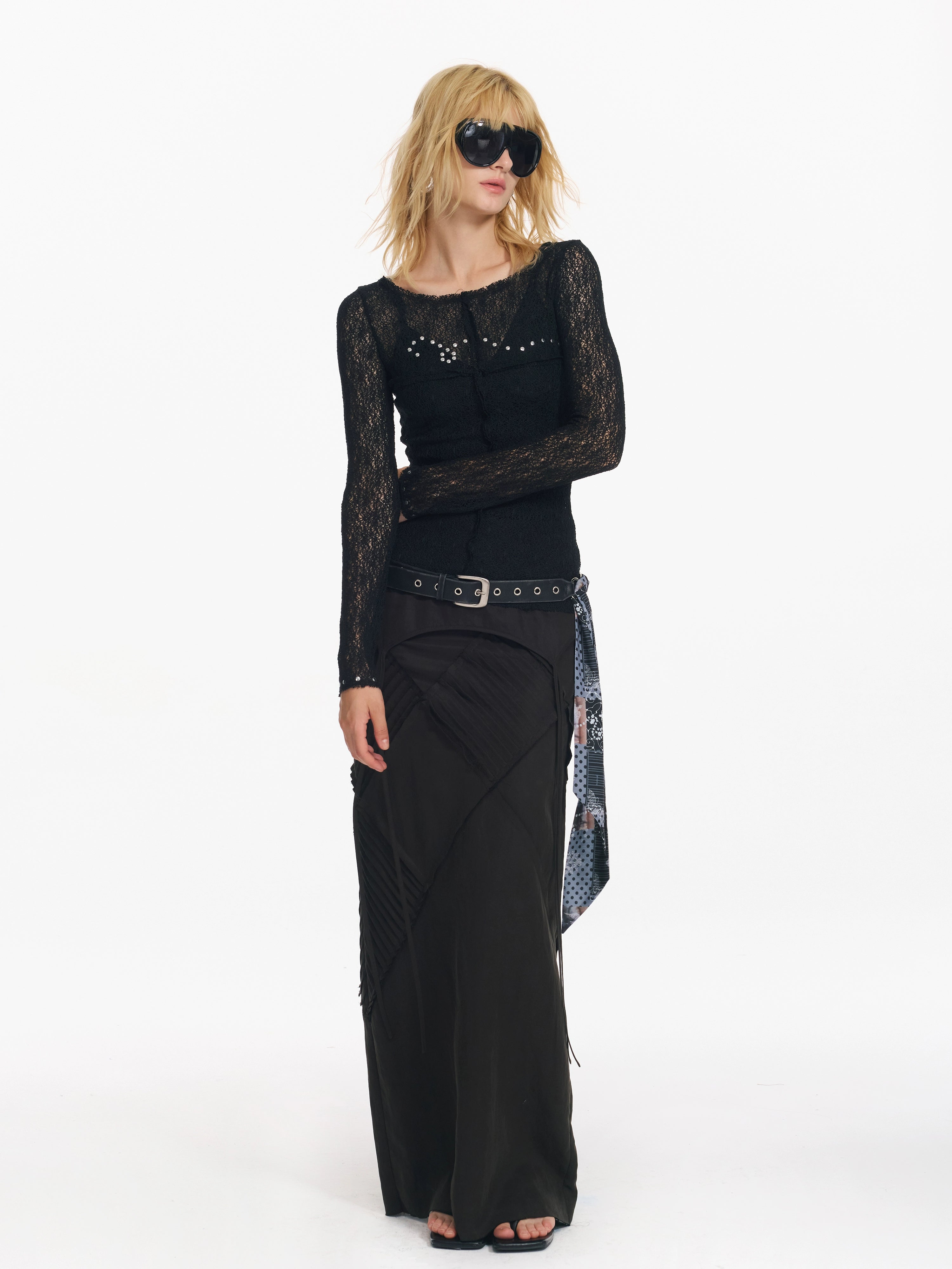 2th Desire 复古菱形格打条绑带长款直筒显瘦设计感低腰半身裙女