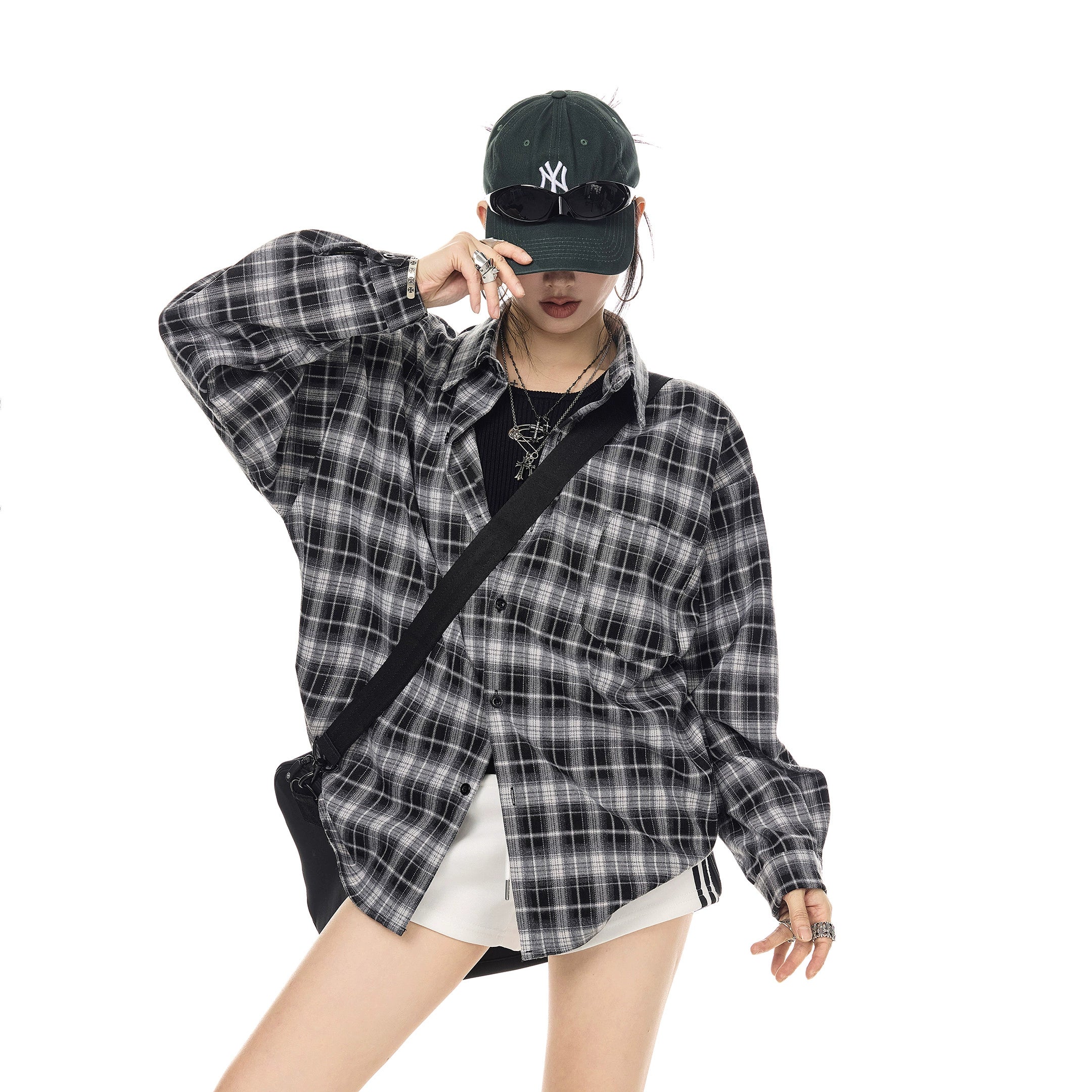 ICH MODE 美式复古休闲格子衬衫女2025新款宽松衬衣外套翻领上衣