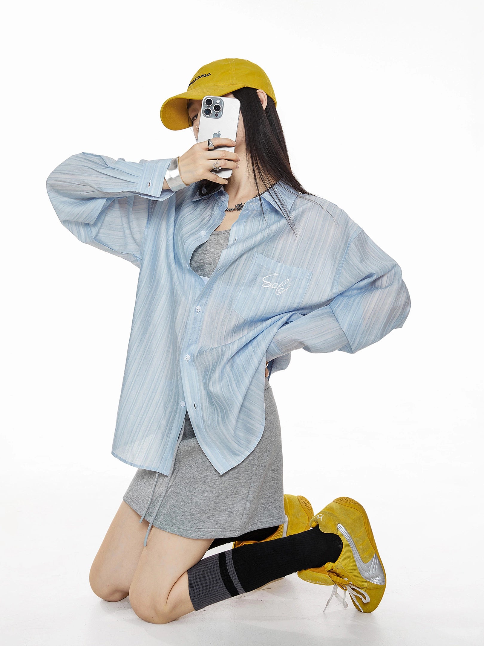 ICH MODE 美式复古刺绣长袖衬衫女夏轻薄物理防晒莱赛尔衬衣外套