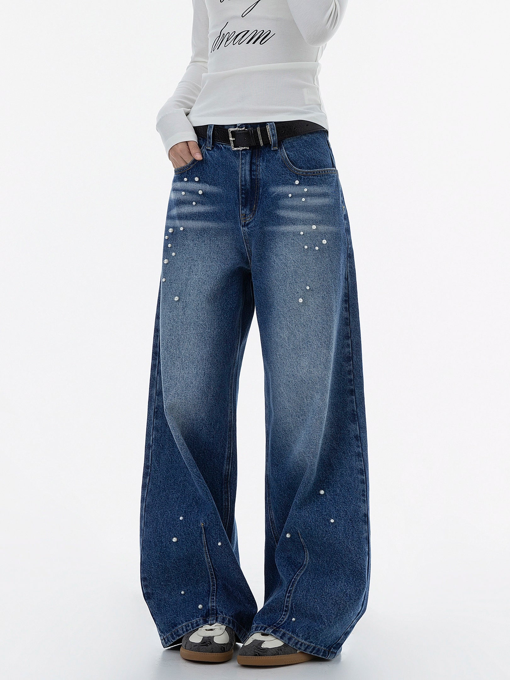 ICH MODE 美式复古珍珠牛仔裤女休闲裤宽松直筒裤子运动裤阔腿裤