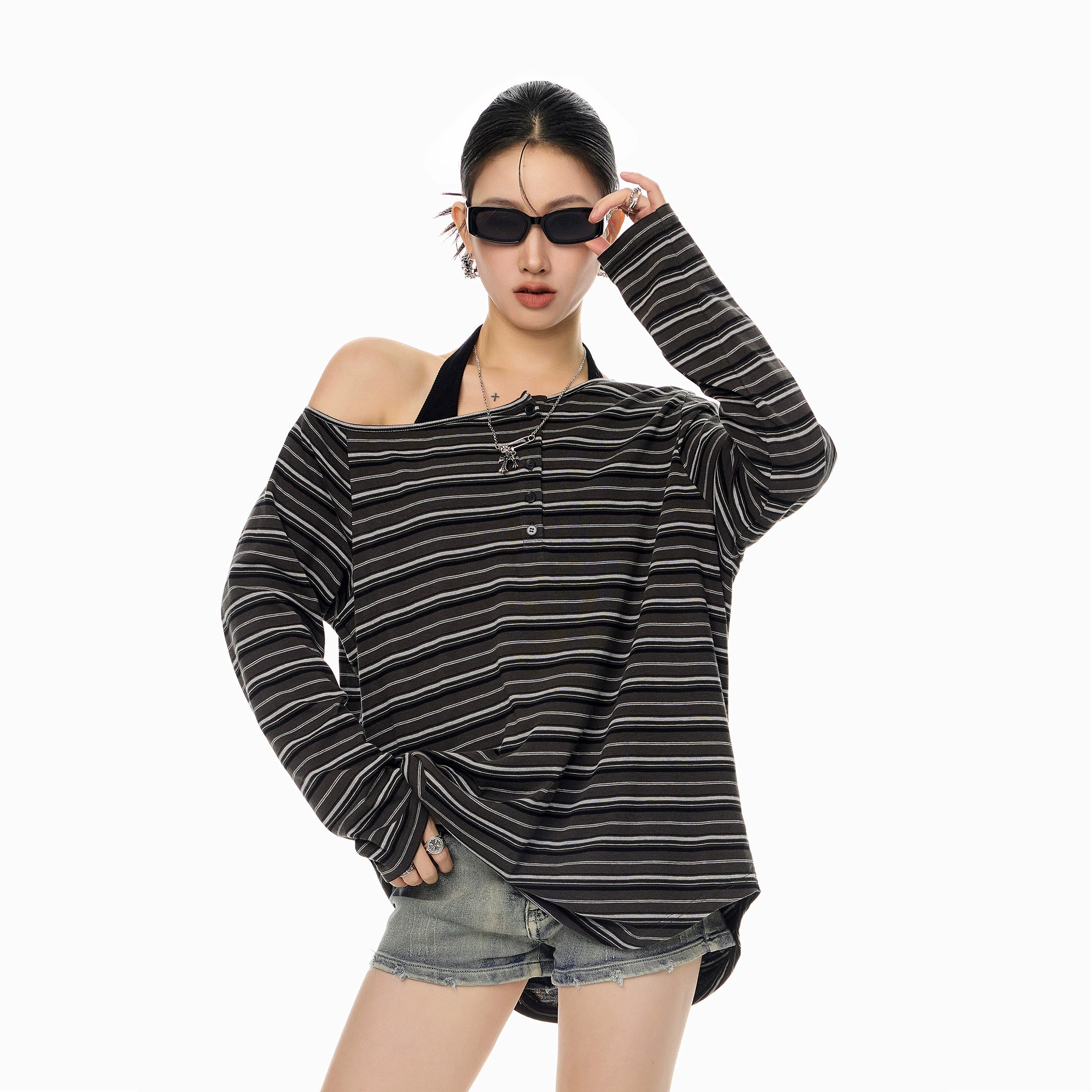 ICH MODE 美式复古斜肩T恤女2025新款秋冬露肩长袖宽松一字肩上衣