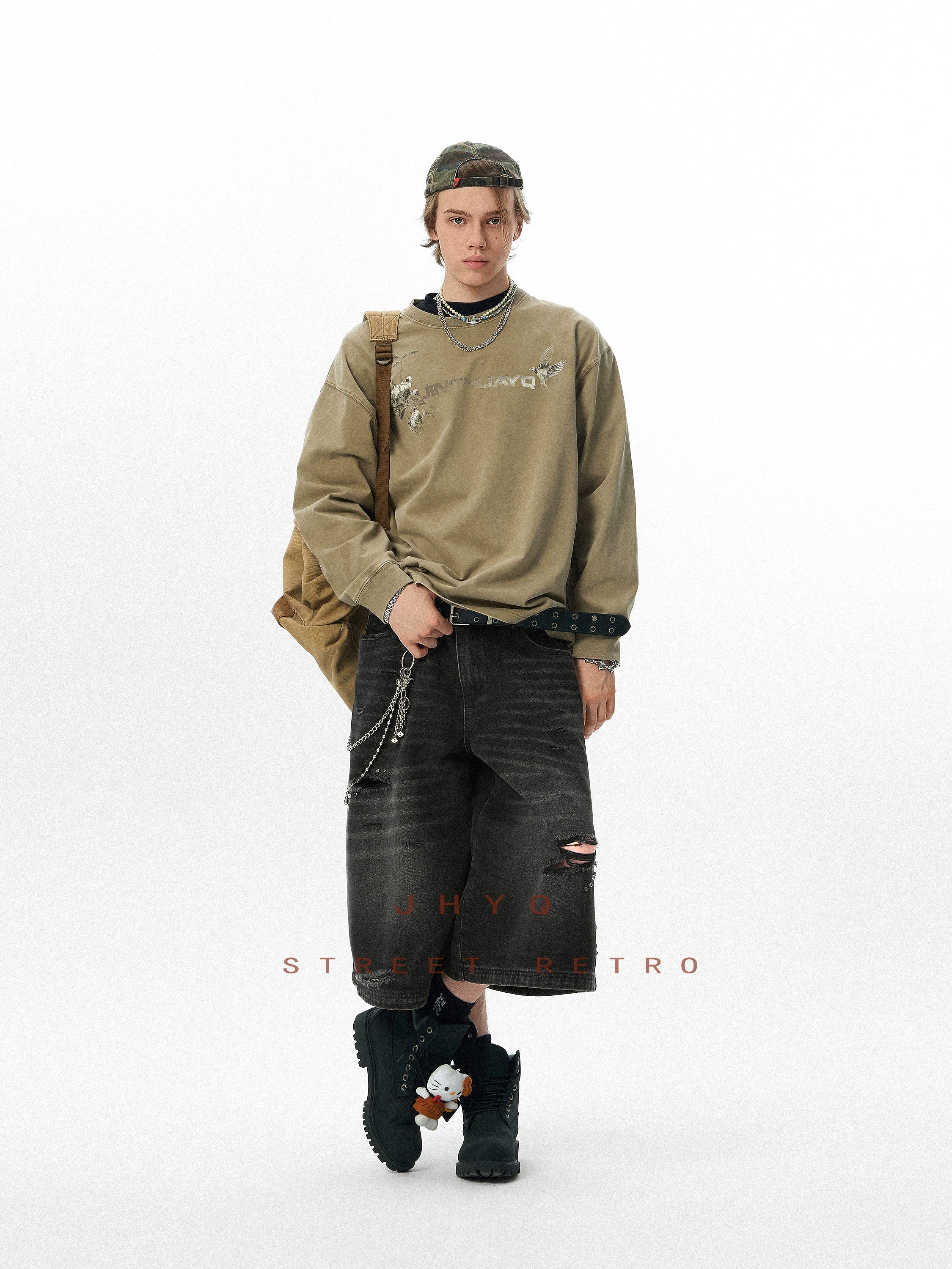 花鸟之语丨JHYQ美式复古水洗320重磅长袖T恤男士字母做旧印花卫衣