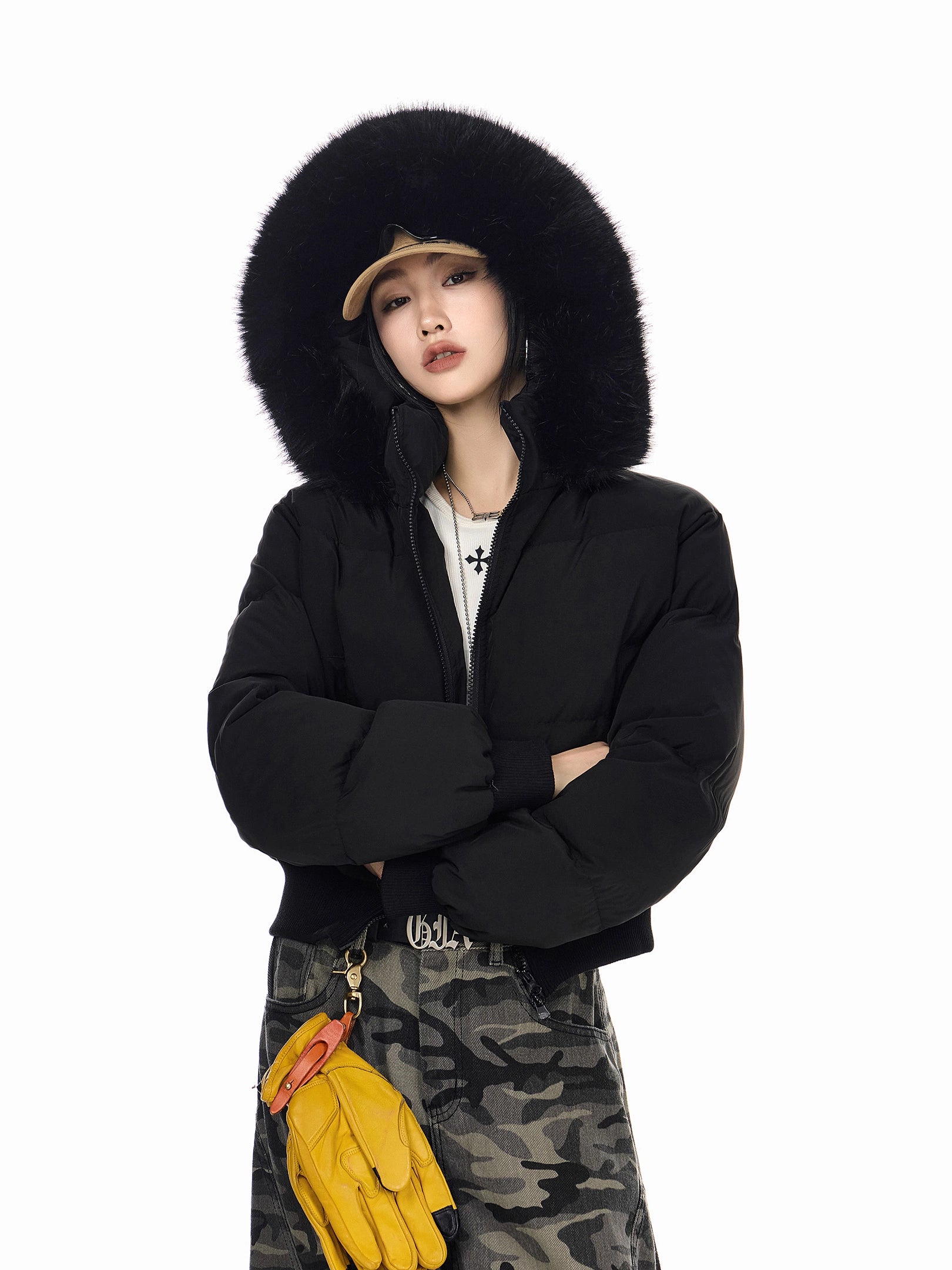 ICH MODE 美式复古大毛领短款棉服女秋冬季连帽开衫棉袄修身外套