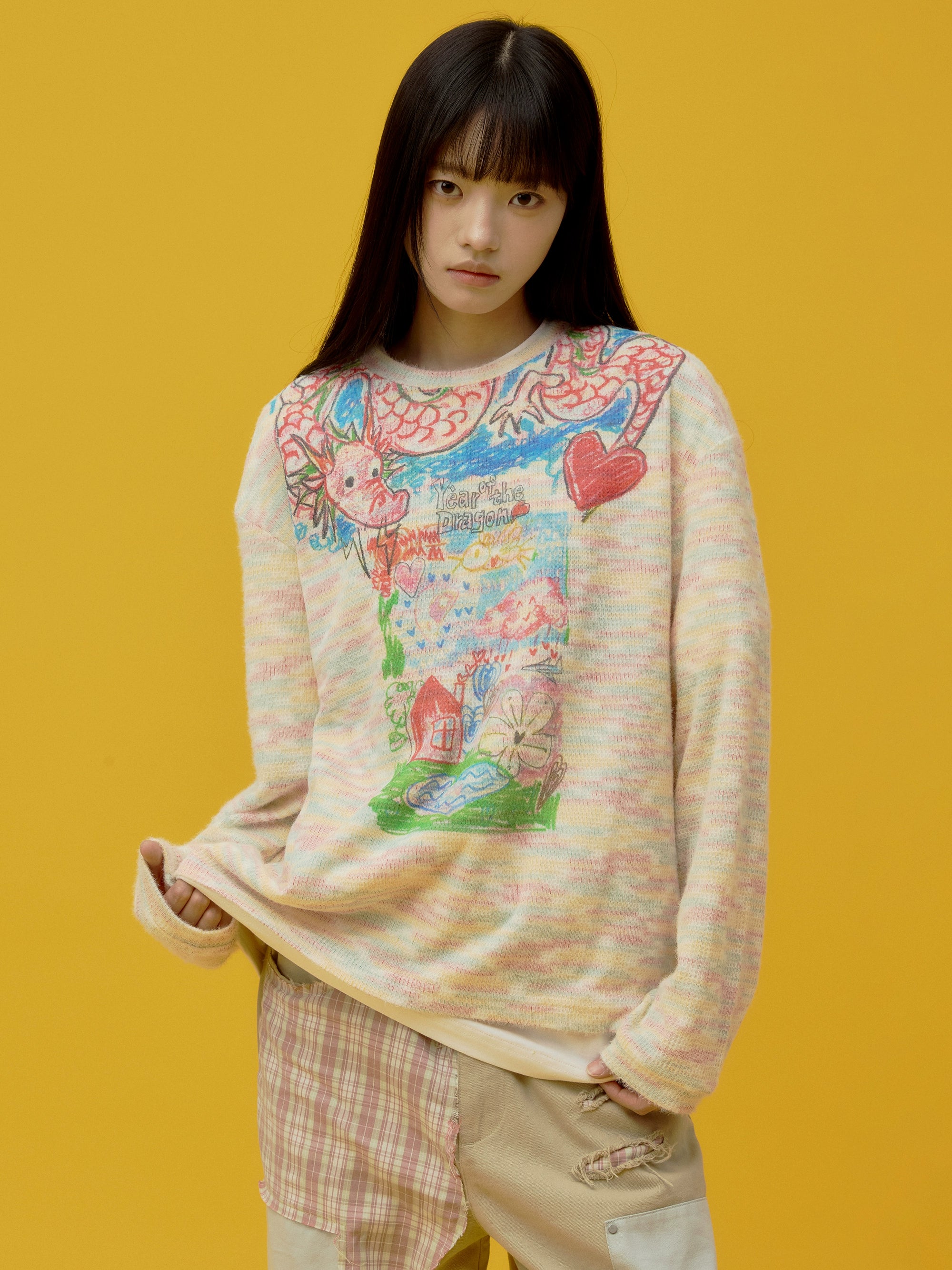 eeeeArtmonster“过肩龙”彩虹色长袖T恤打底上衣圆领套头针织衫