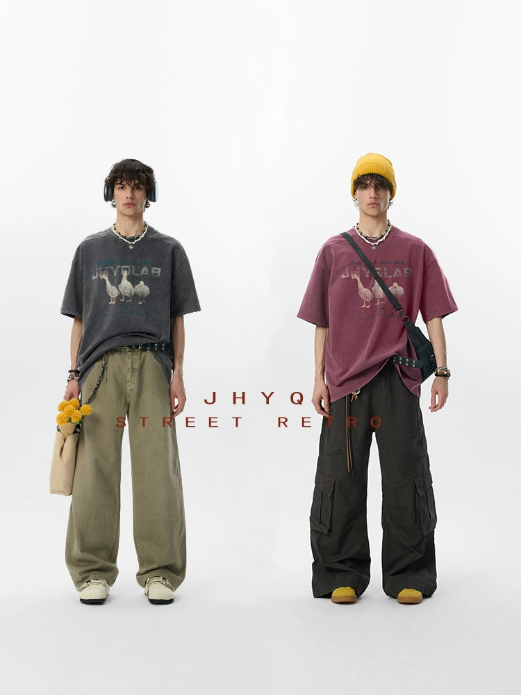 【2025好运鸭】JHYQ美式水洗做旧圆领短袖t恤男宽松重磅印花纯棉T