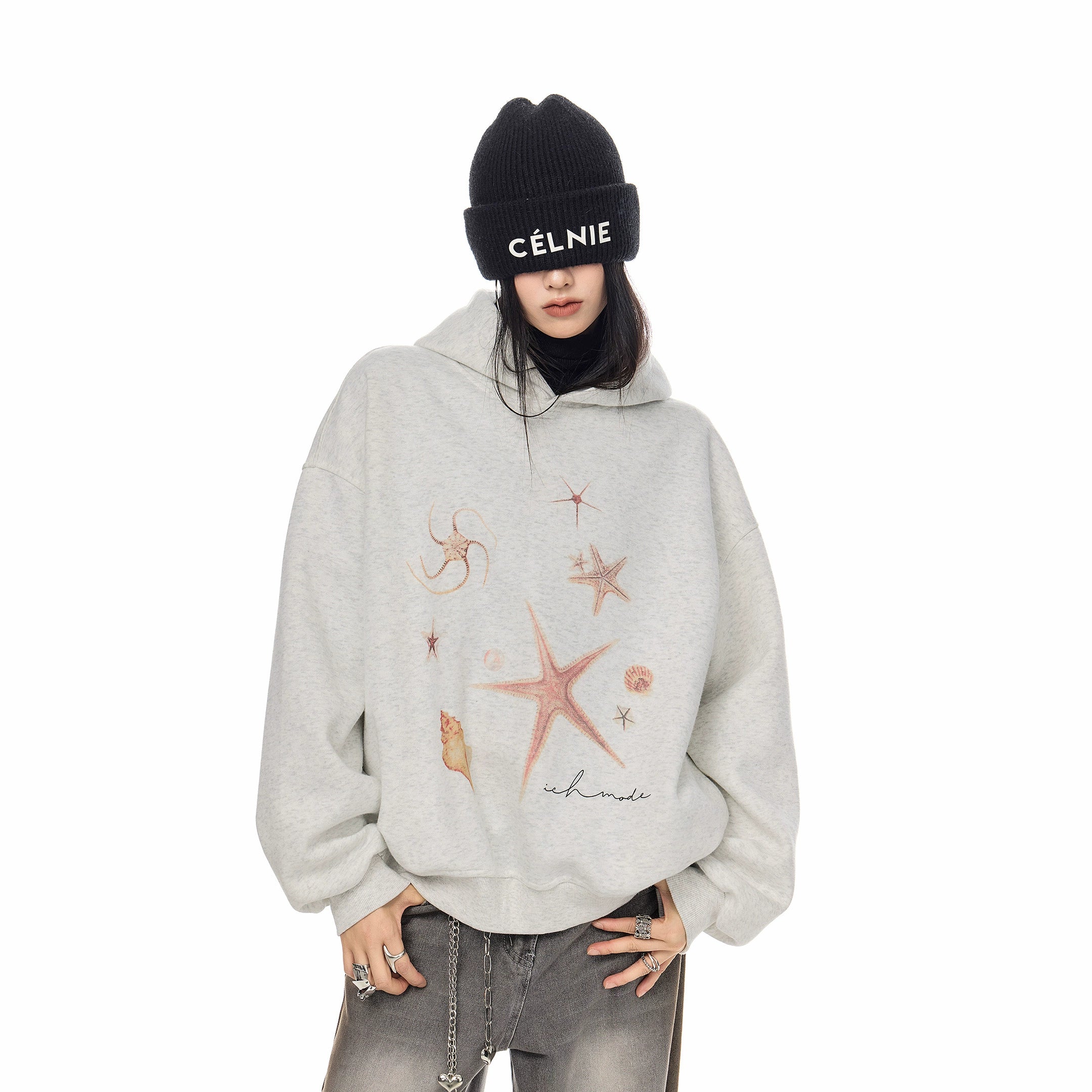 ICH MODE 美式复古海星连帽卫衣女秋冬新款重磅帽衫宽松运动上衣