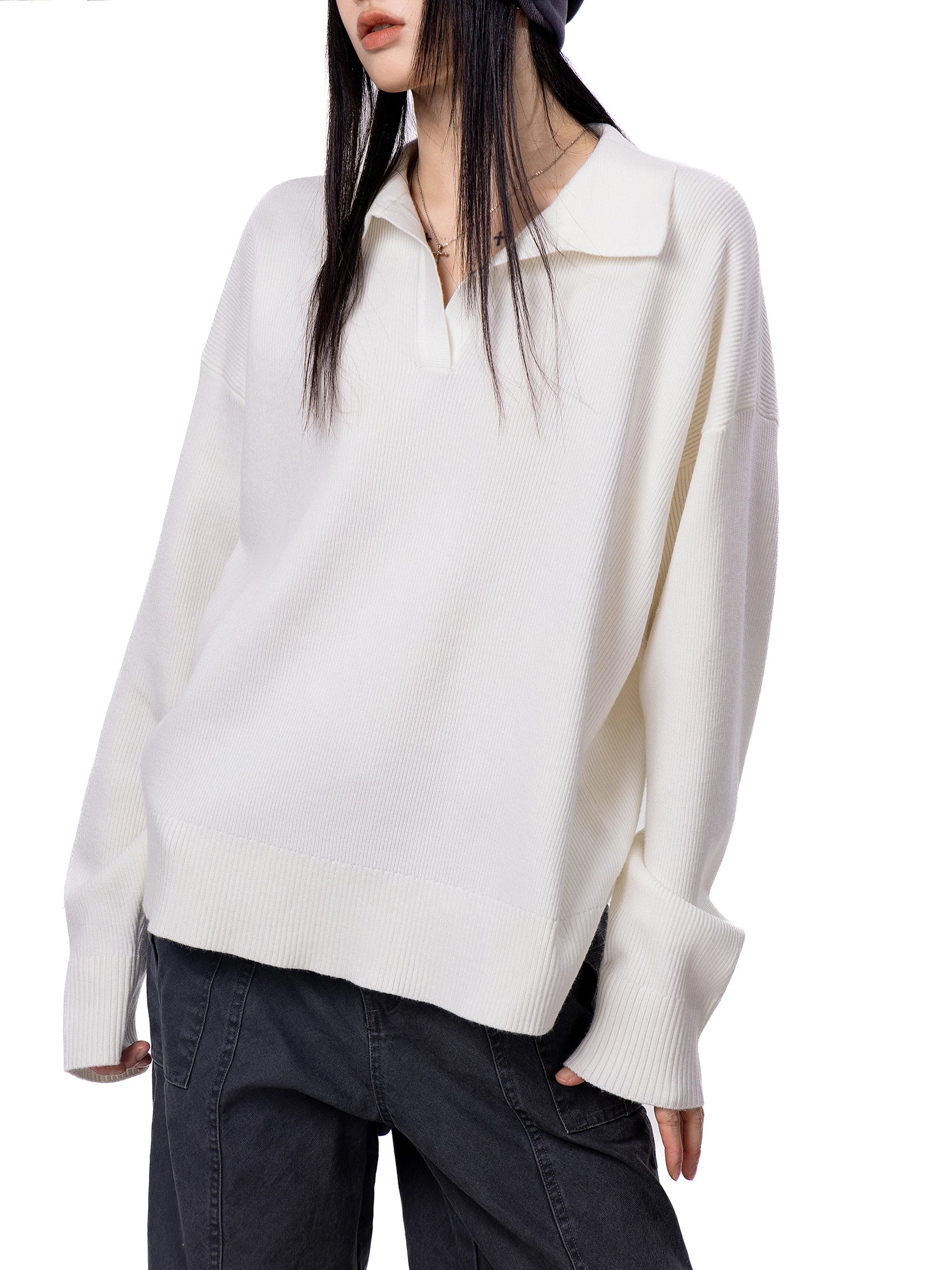 ICH MODE 美式复古POLO毛针织衫女秋冬新款宽松休闲长袖毛衣外套