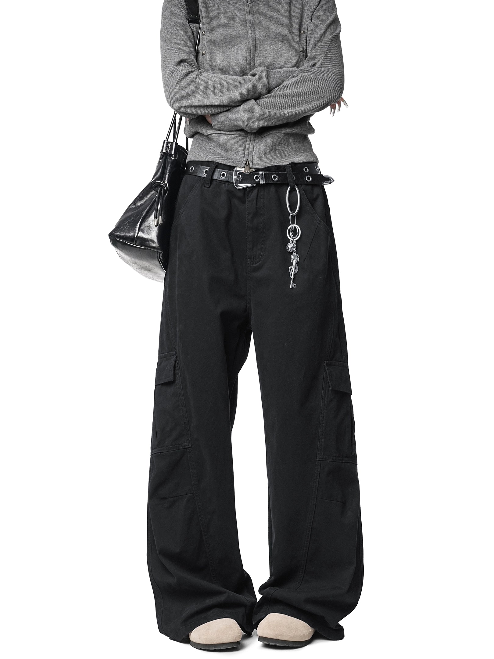 ICH MODE 美式复古宽松阔腿休闲裤女秋冬百搭直筒裤工装裤运动裤