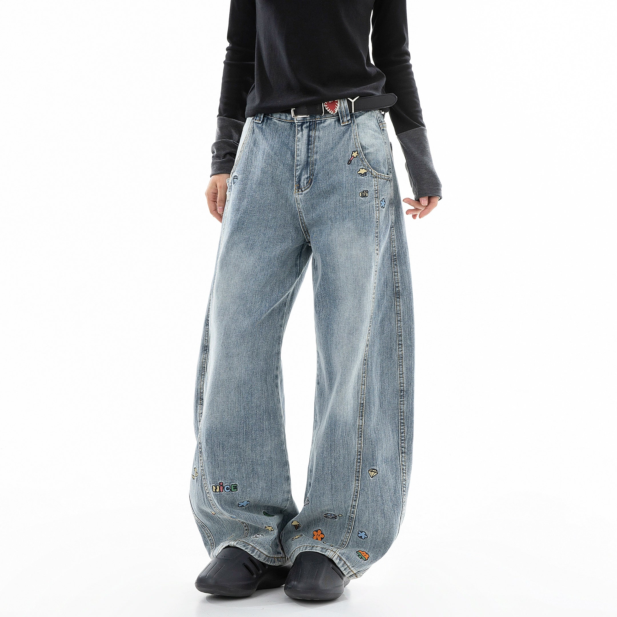 ICH MODE 美式复古小刺绣牛仔裤女宽松直筒裤阔腿弯刀裤休闲裤子