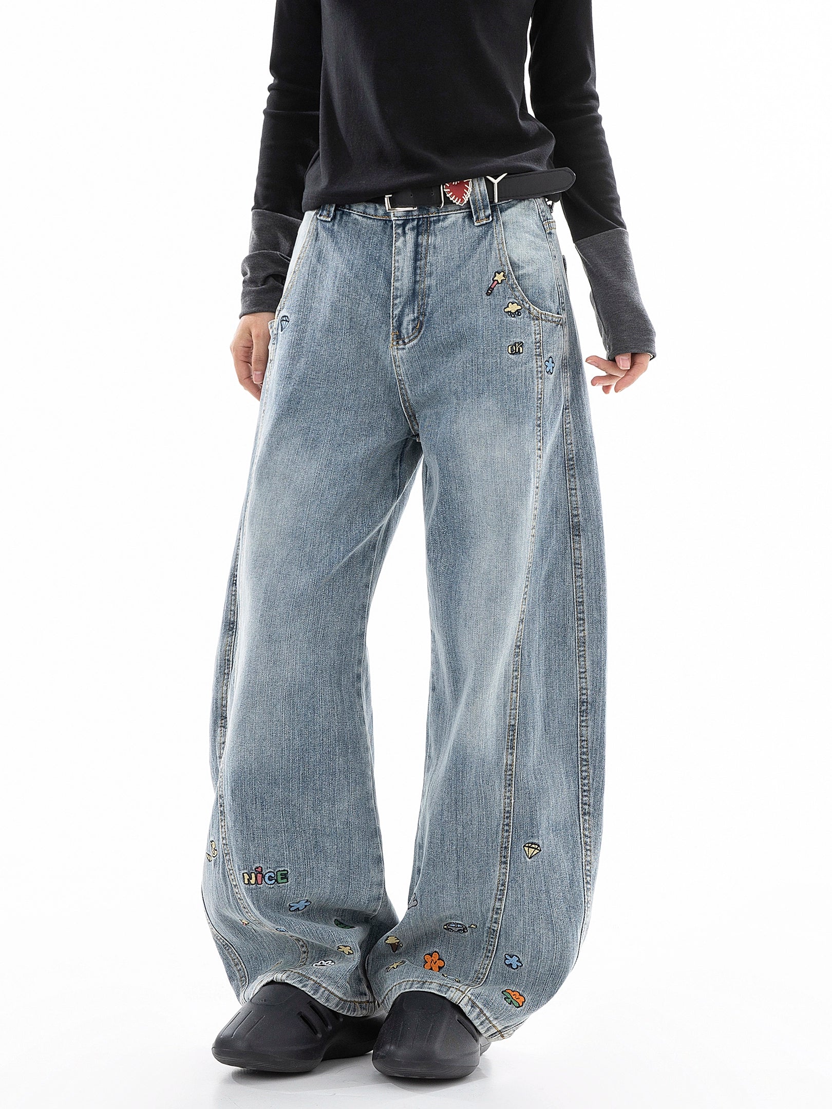 ICH MODE 美式复古小刺绣牛仔裤女宽松直筒裤阔腿弯刀裤休闲裤子