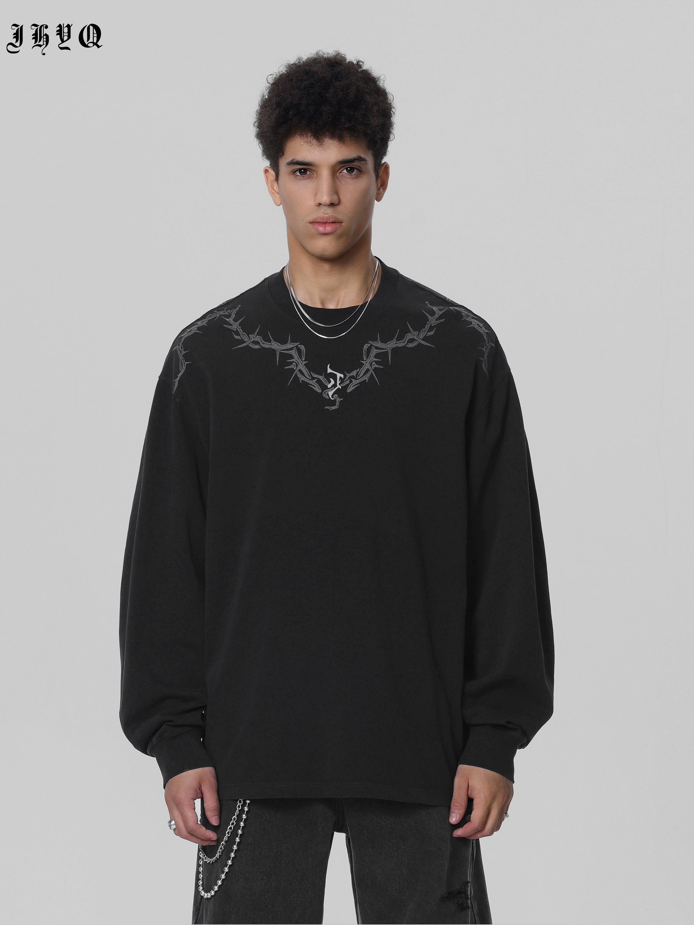 【邓为同款】JHYQ荆棘印花重磅320g水洗美式长袖t恤男宽松卫衣男