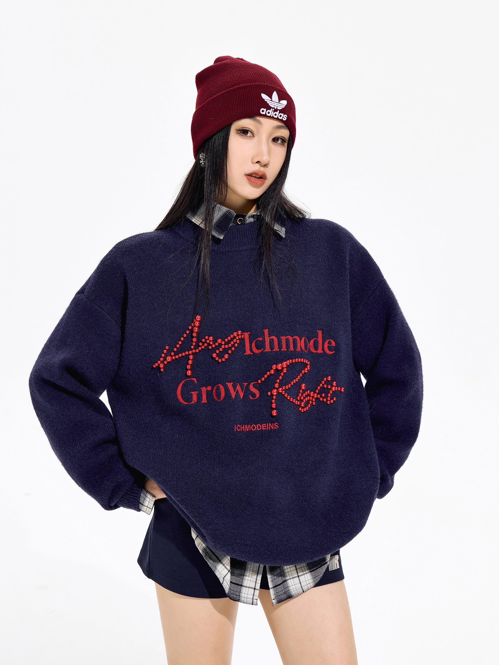 ICH MODE 美式复古珍珠圆领毛衣女秋冬季宽松针织衫慵懒套头上衣