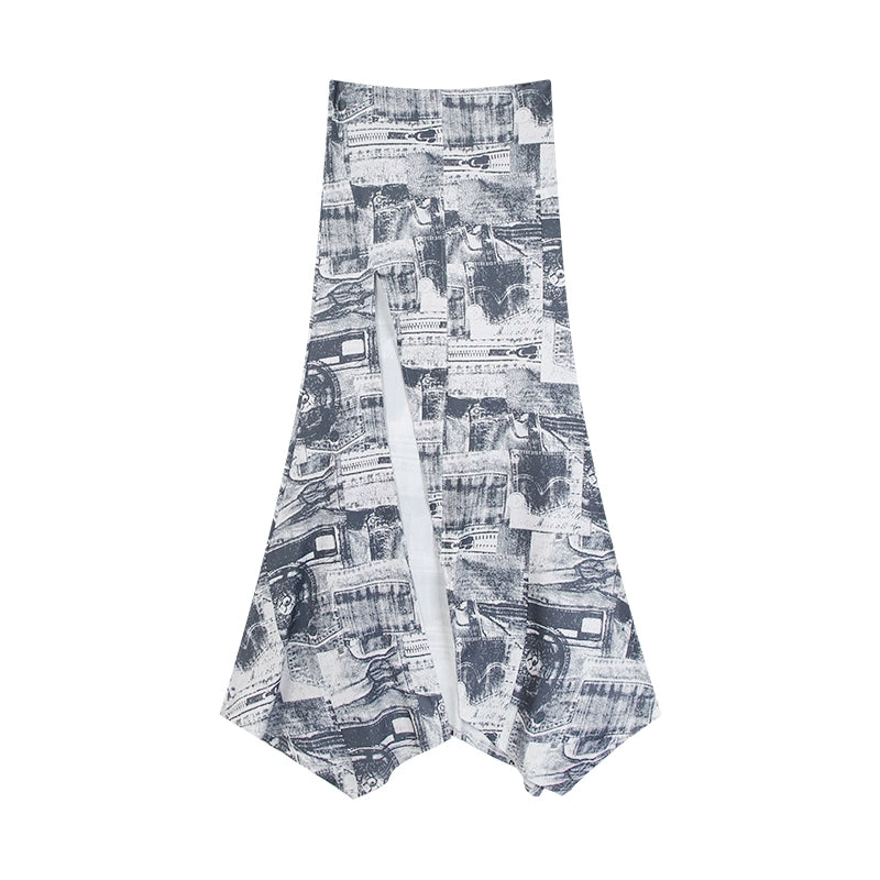 野生zero 印花开叉长裙女夏季低腰a字显瘦设计感小众辣妹鱼尾裙子