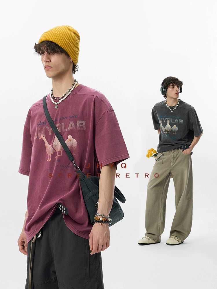 【2025好运鸭】JHYQ美式水洗做旧圆领短袖t恤男宽松重磅印花纯棉T