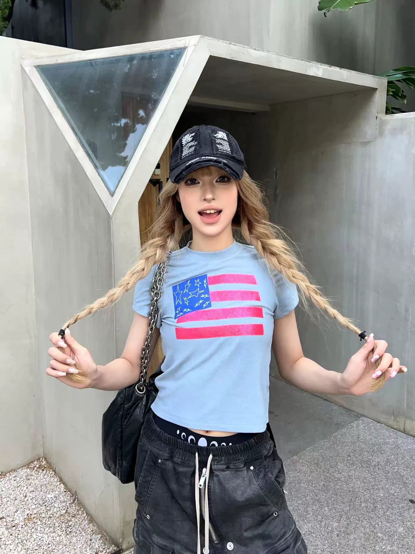 闪粉印花性感紧身高弹辣妹短款美式T恤羊绒圆领短袖女