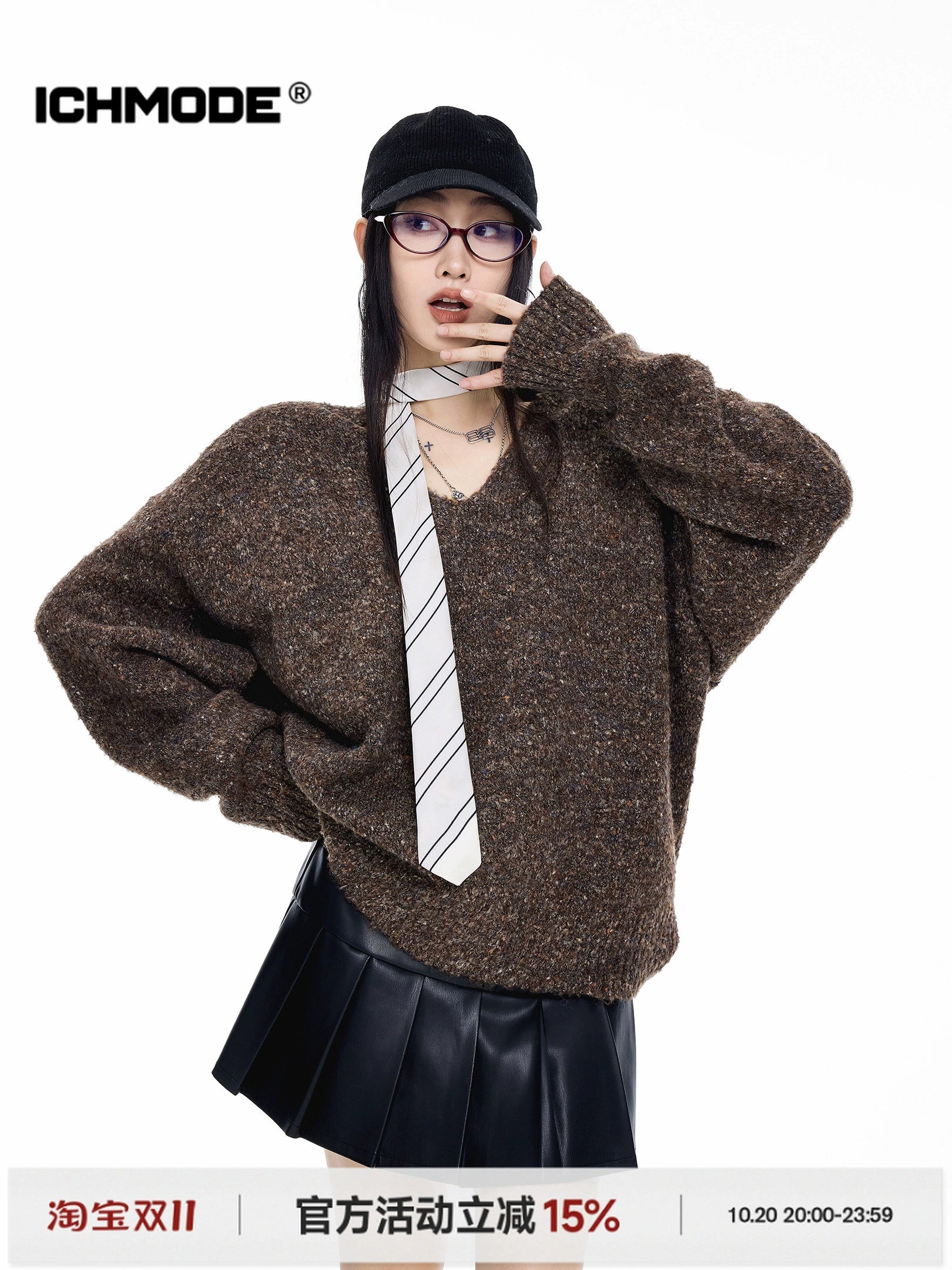 ICH MODE 美式复古V领套头毛衣女秋冬季慵懒宽松针织衫外套高级感