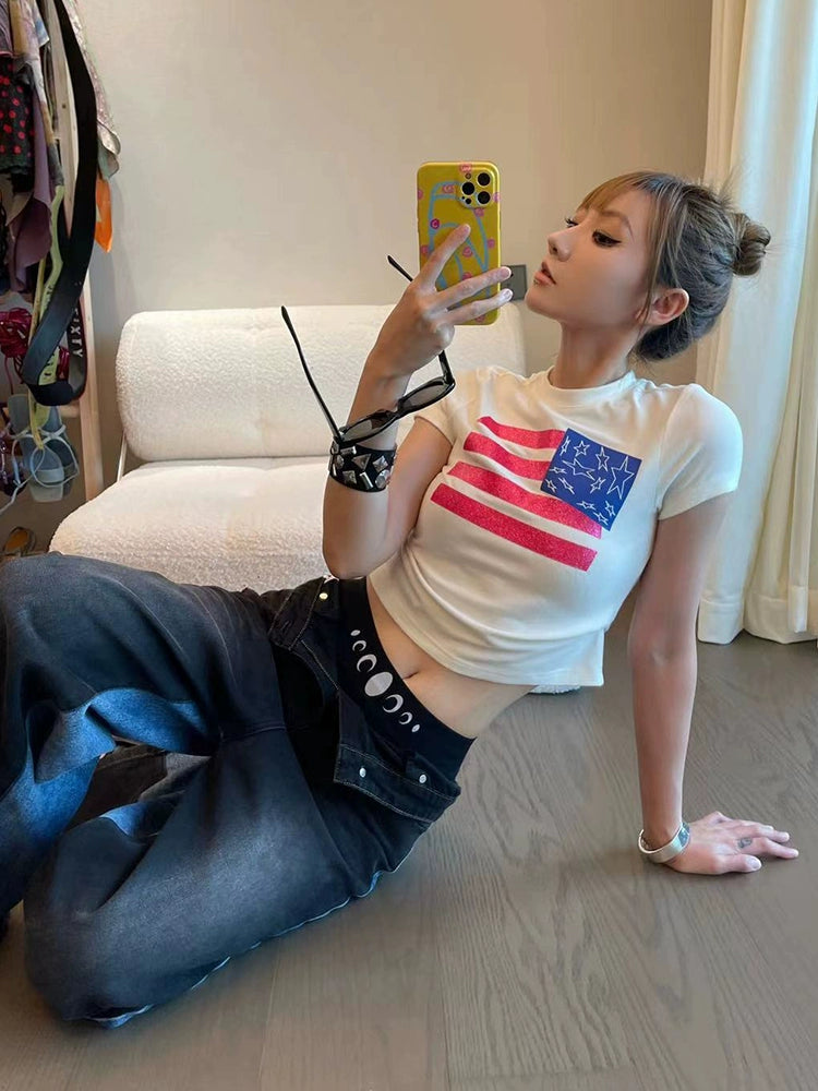 闪粉印花性感紧身高弹辣妹短款美式T恤羊绒圆领短袖女