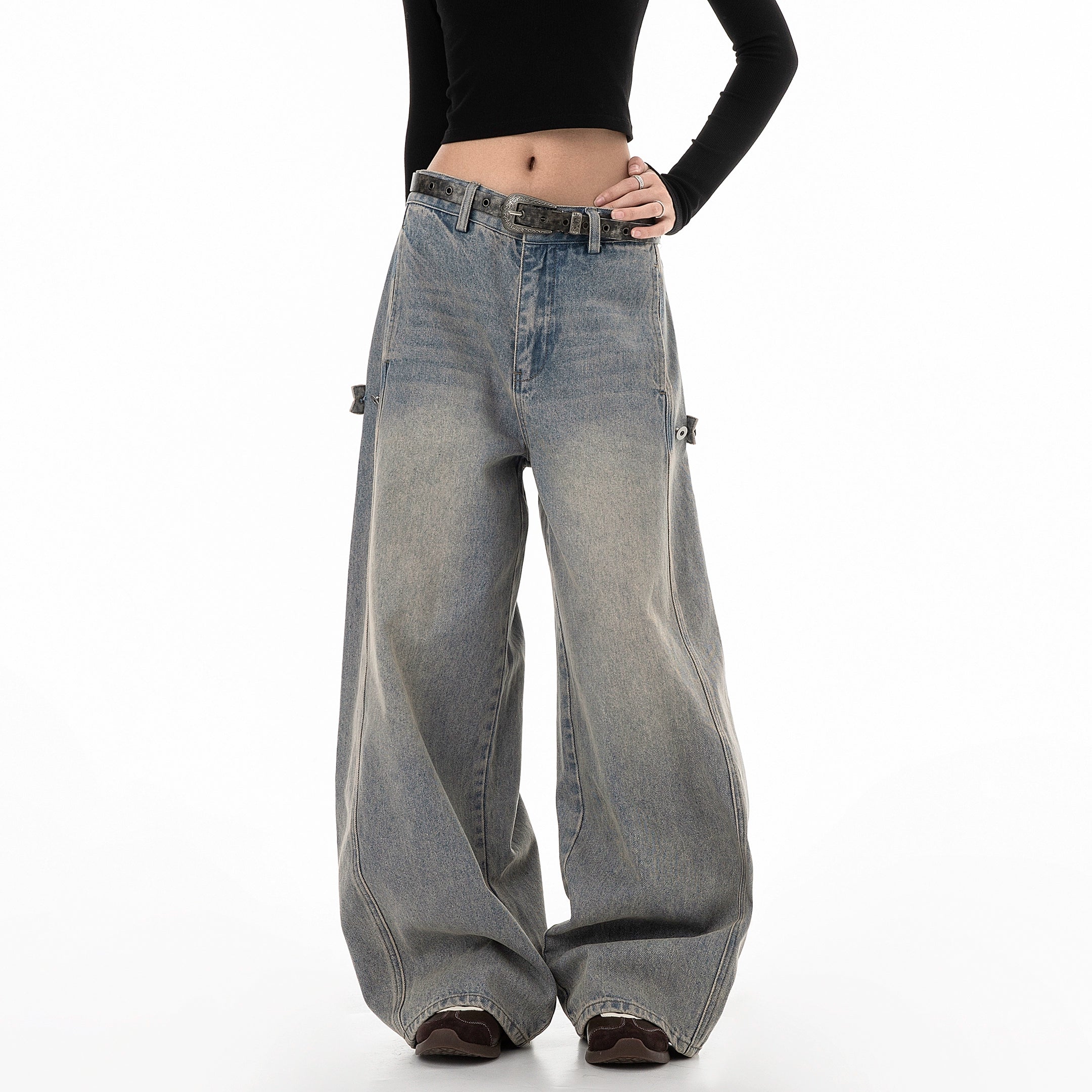 ICH MODE 美式复古水洗牛仔裤女秋冬新款宽松阔腿裤休闲裤直筒裤