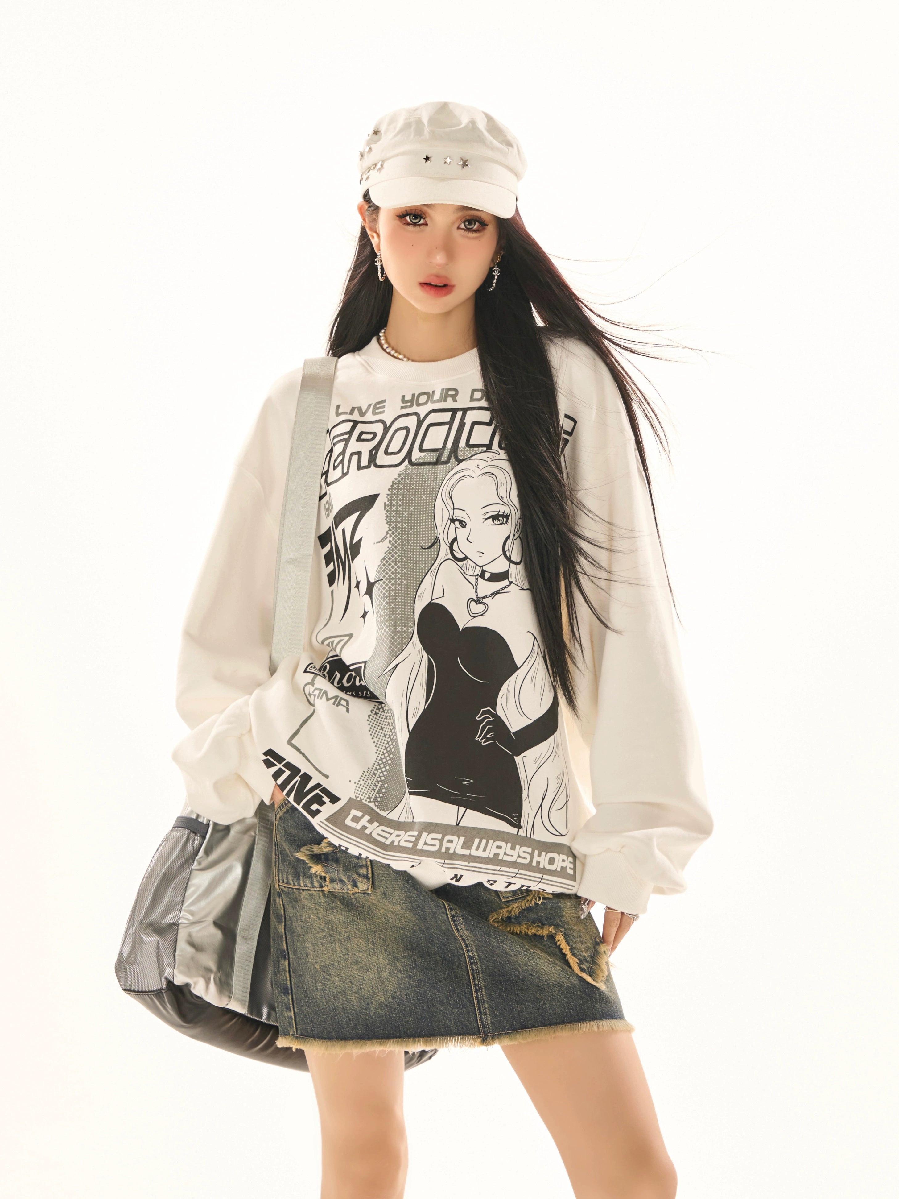 野生zerocircle白色慵懒风印花圆领卫衣女春小众韩版宽松显瘦上衣