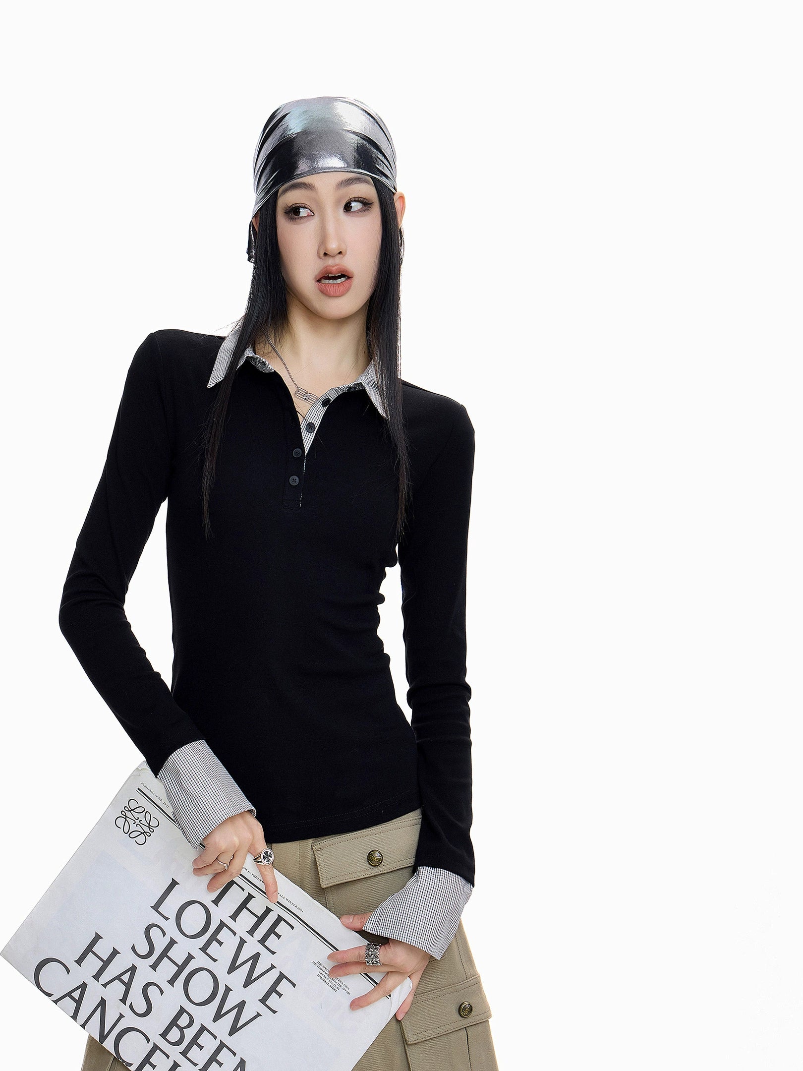 ICH MODE 美式复古格子拼接长袖POLOT恤女秋冬修身正肩上衣打底衫