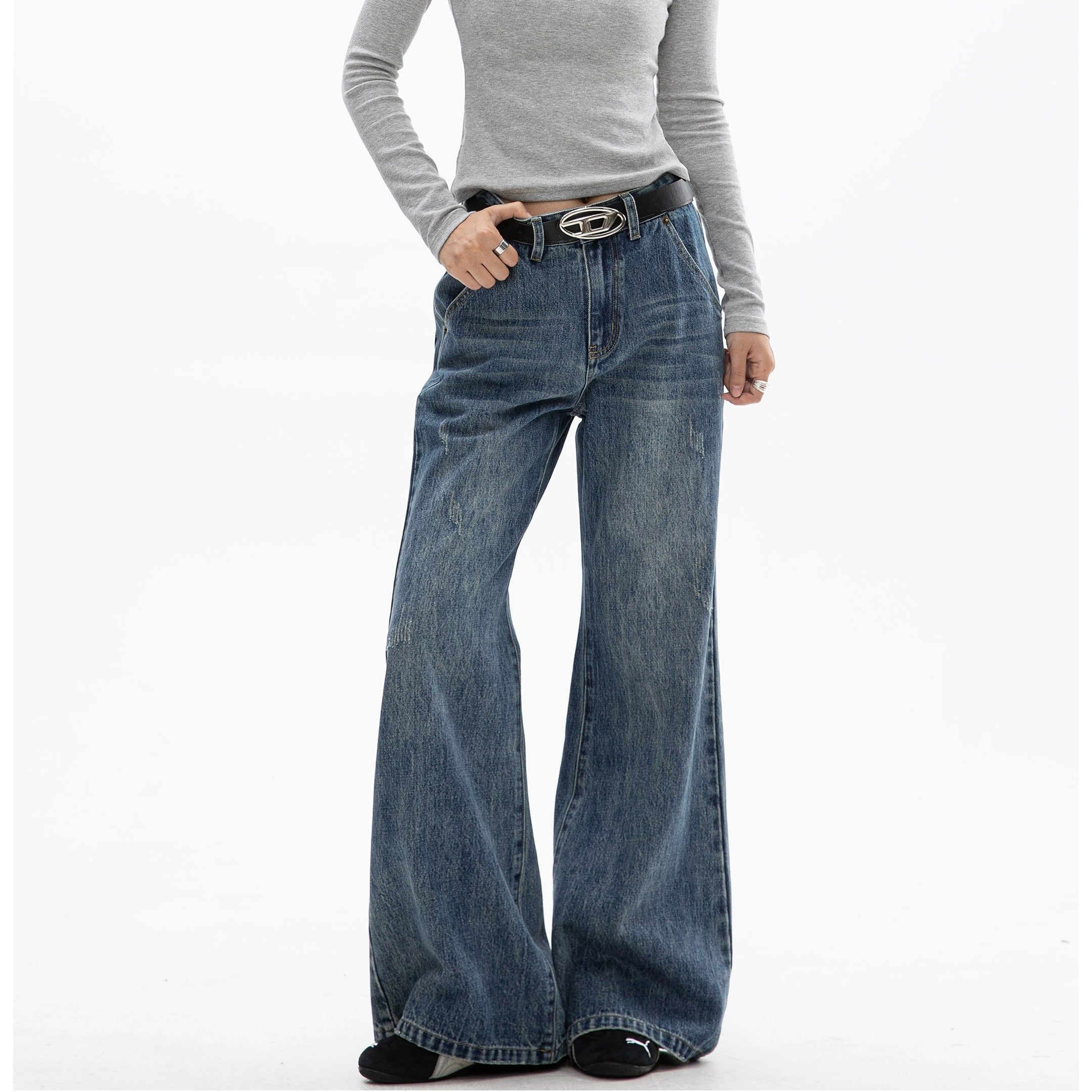 ICH MODE 美式复古水洗牛仔裤女微喇裤宽松直筒裤百搭休闲阔腿裤