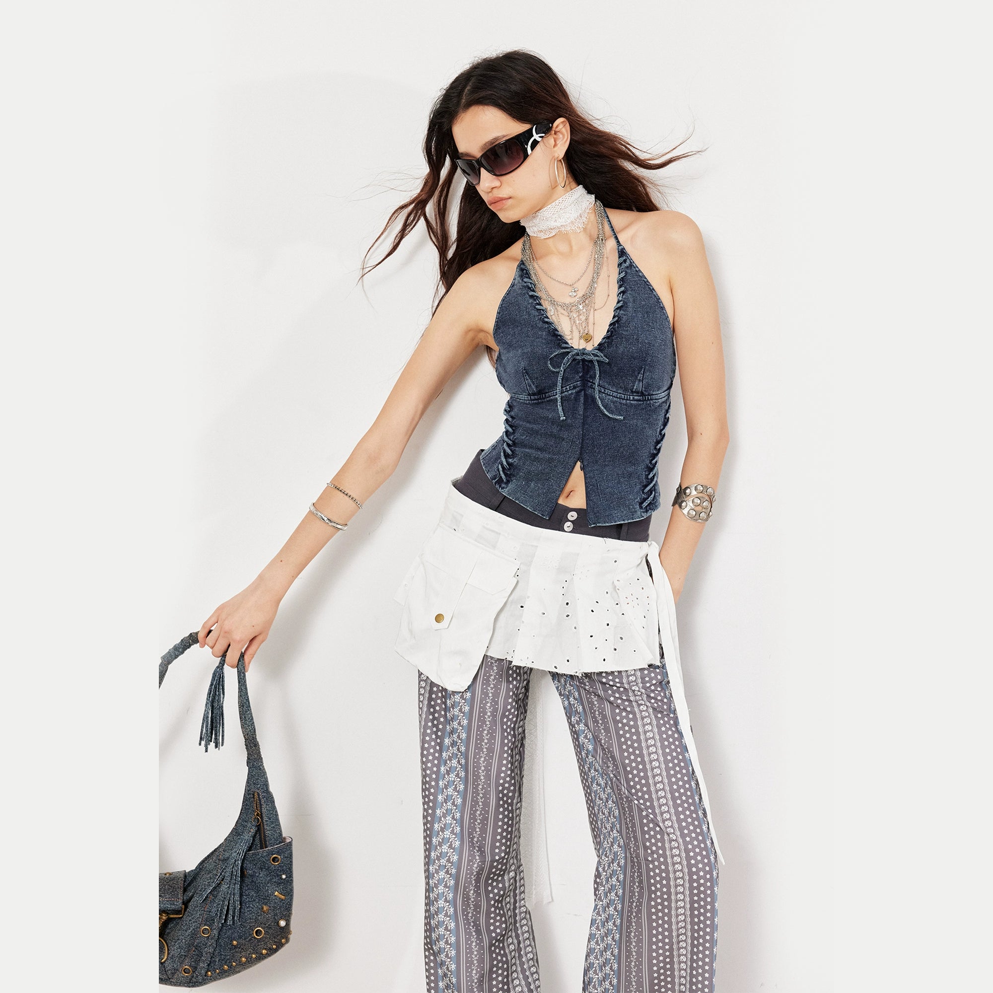 2th Desire洗水做旧穿绳交叉露背鱼骨胸衣绑带V领挂脖吊带背心女